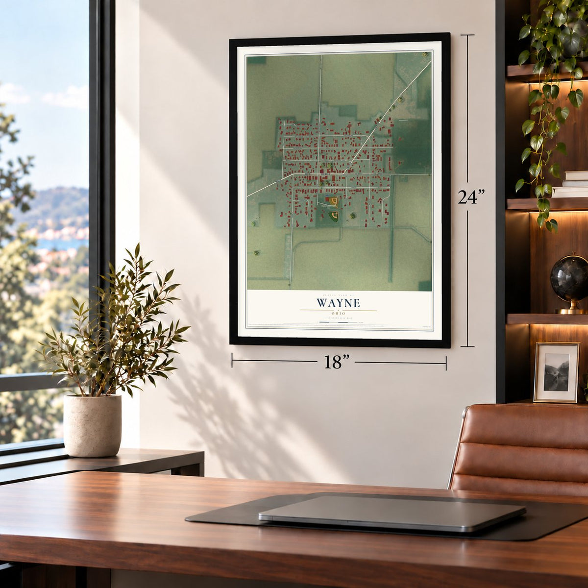 Wayne, Ohio map, 18 x 24 inch print in a black frame in a home office