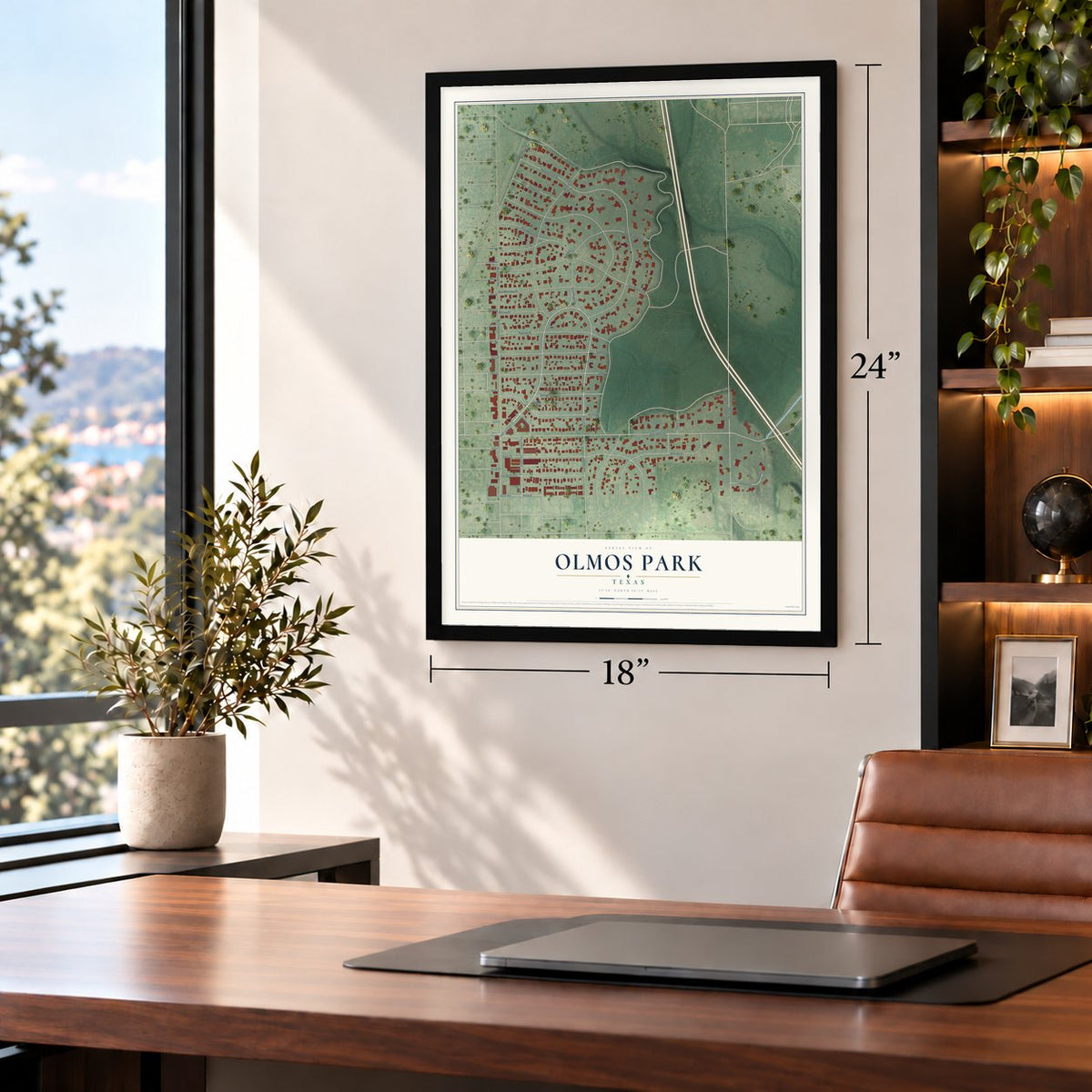 Olmos Park, Texas map, 18 x 24 inch print in a black frame in a home office