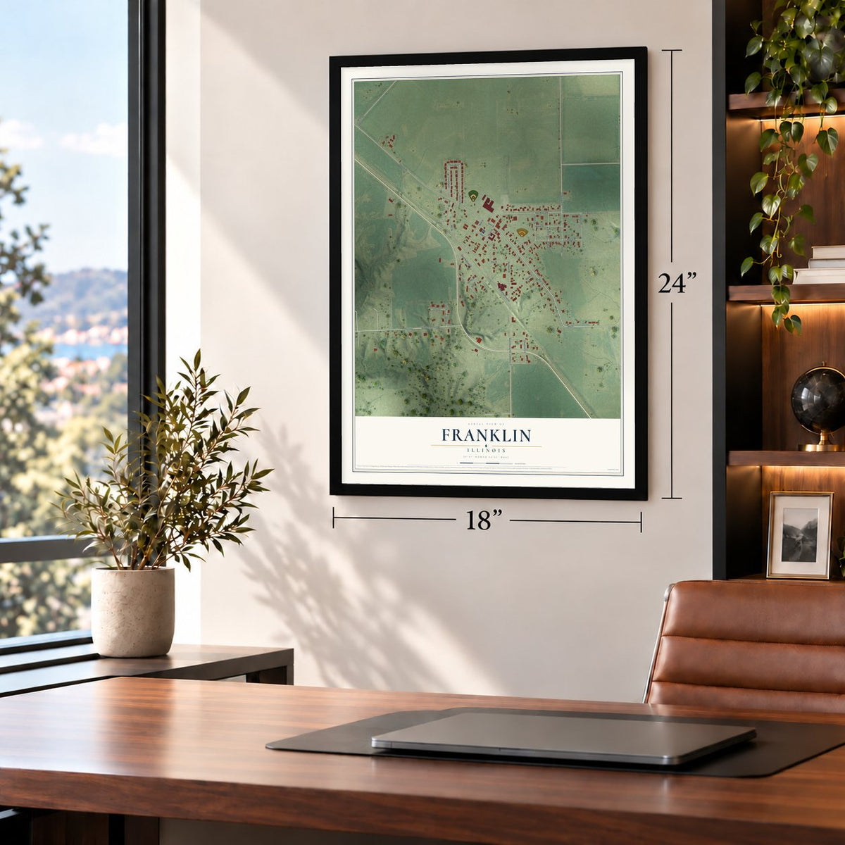 Franklin, Illinois map, 18 x 24 inch print in a black frame in a home office