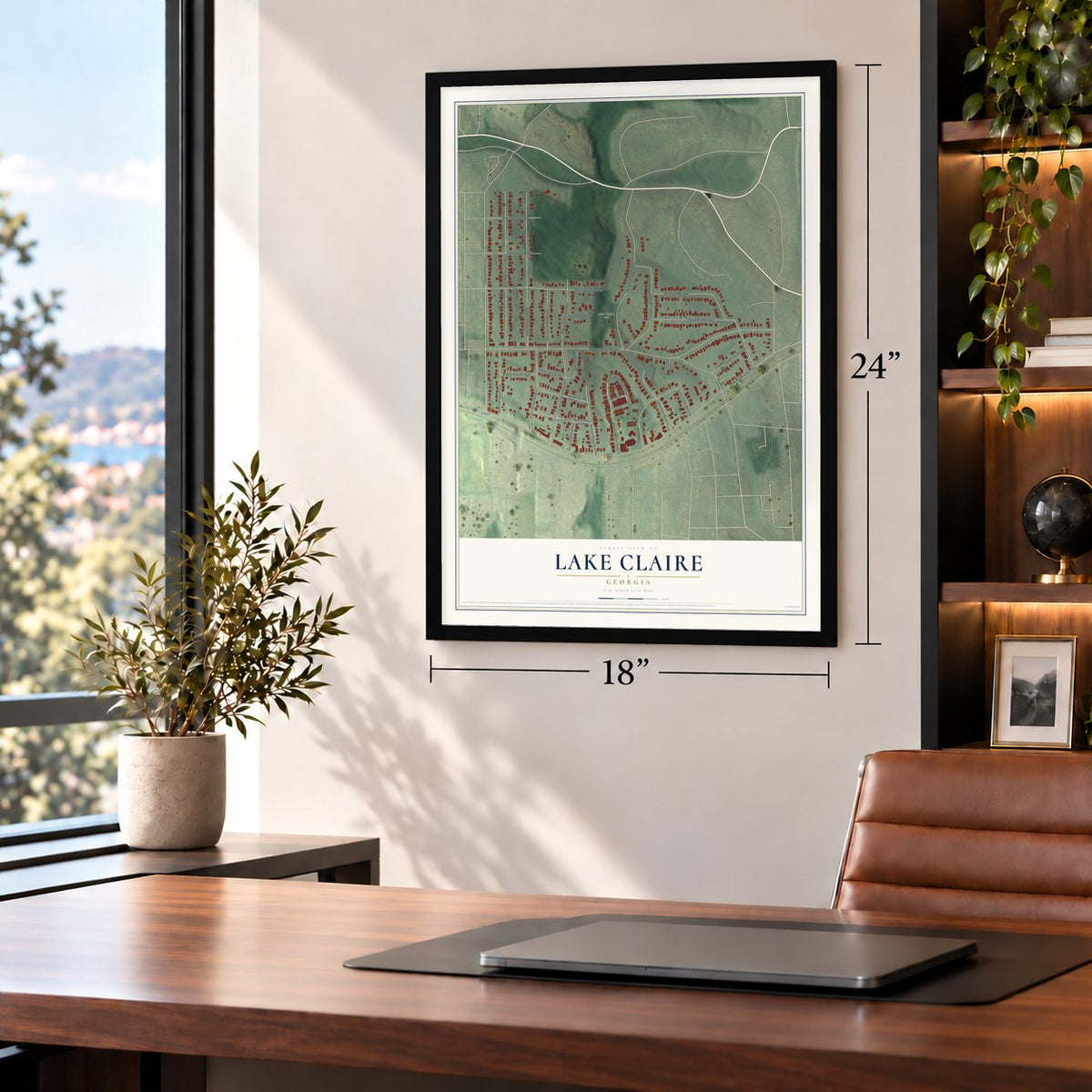 Lake Claire, Georgia map, 18 x 24 inch print in a black frame in a home office