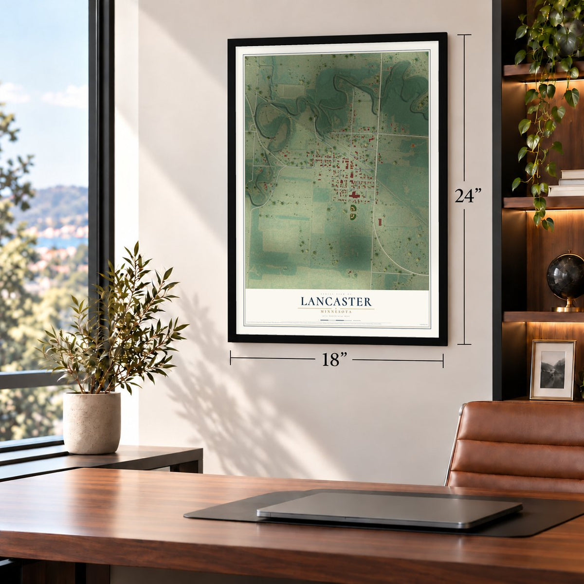 Lancaster, Minnesota map, 18 x 24 inch print in a black frame in a home office