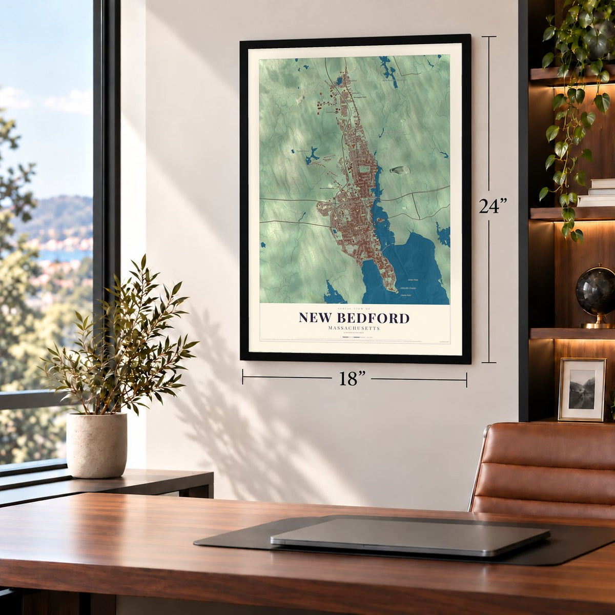 New Bedford, Massachusetts map, 18 x 24 inch print in a black frame in a home office