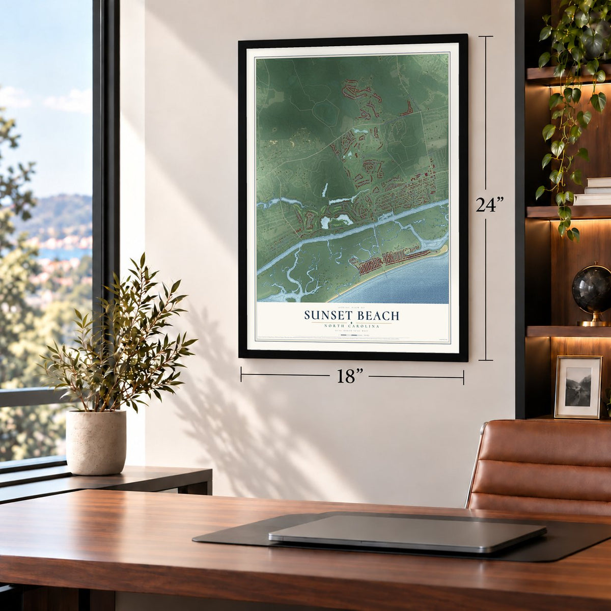 Sunset Beach, North Carolina map, 18 x 24 inch print in a black frame in a home office