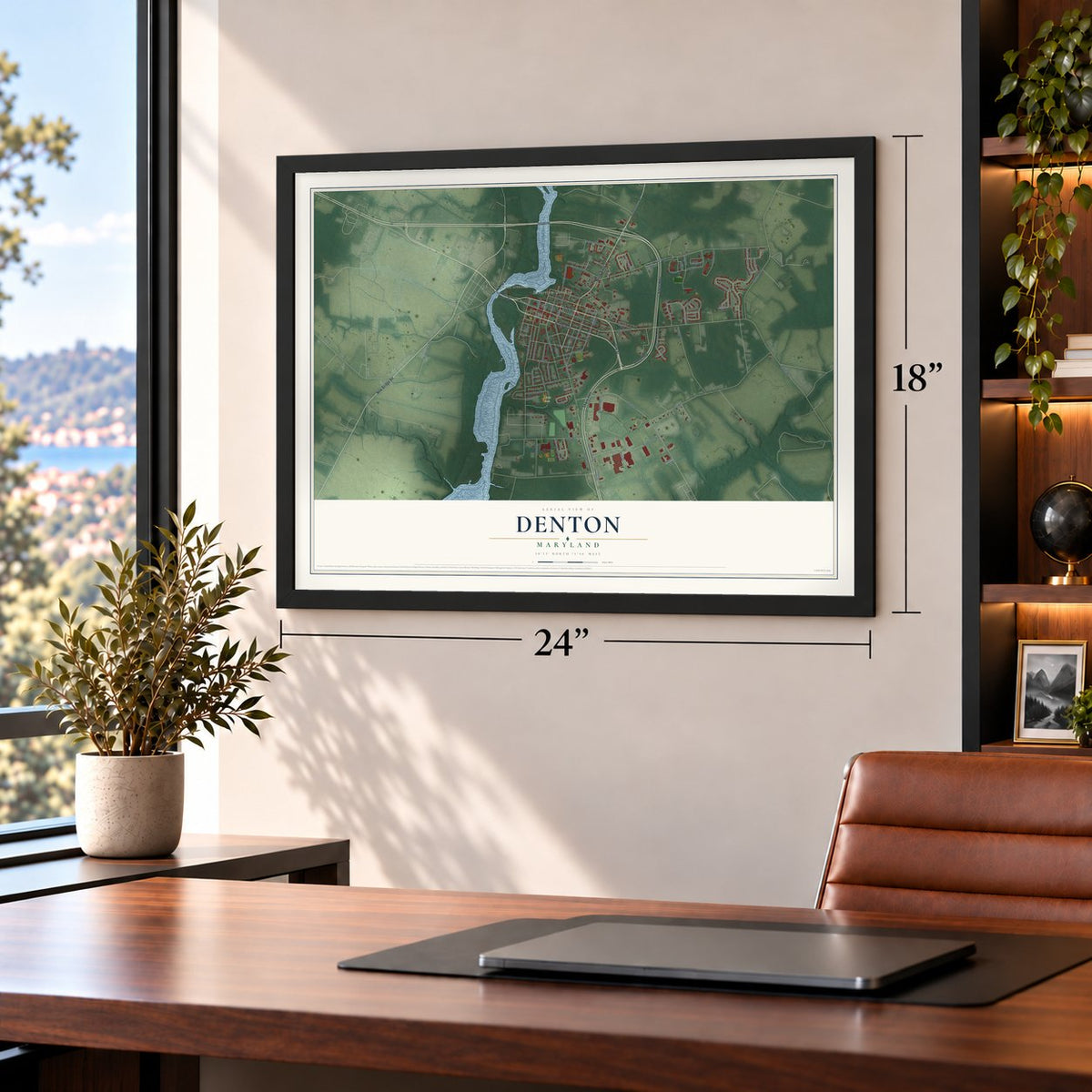 Denton, Maryland map, 18 x 24 inch print in a black frame in a home office