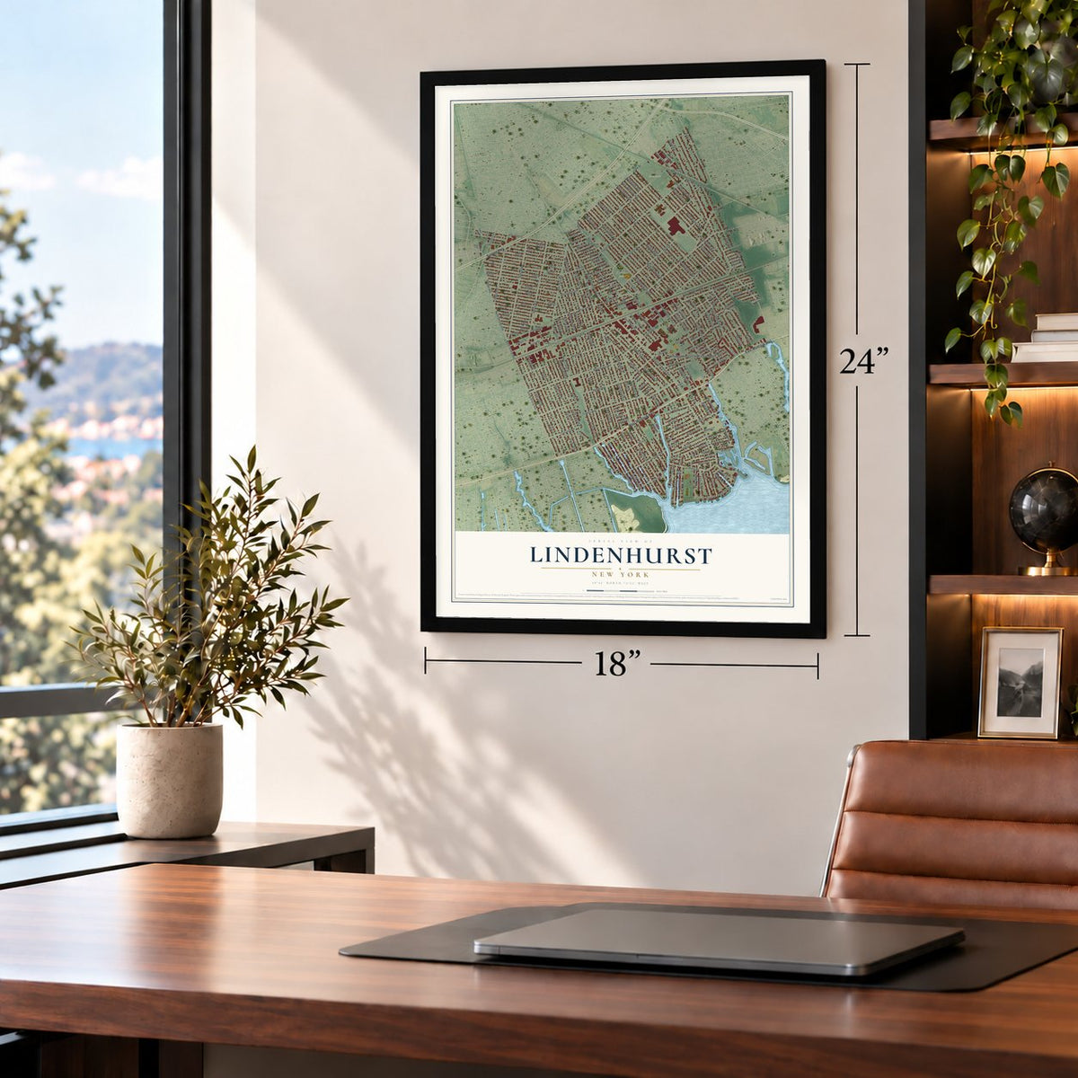 Lindenhurst, New York map, 18 x 24 inch print in a black frame in a home office