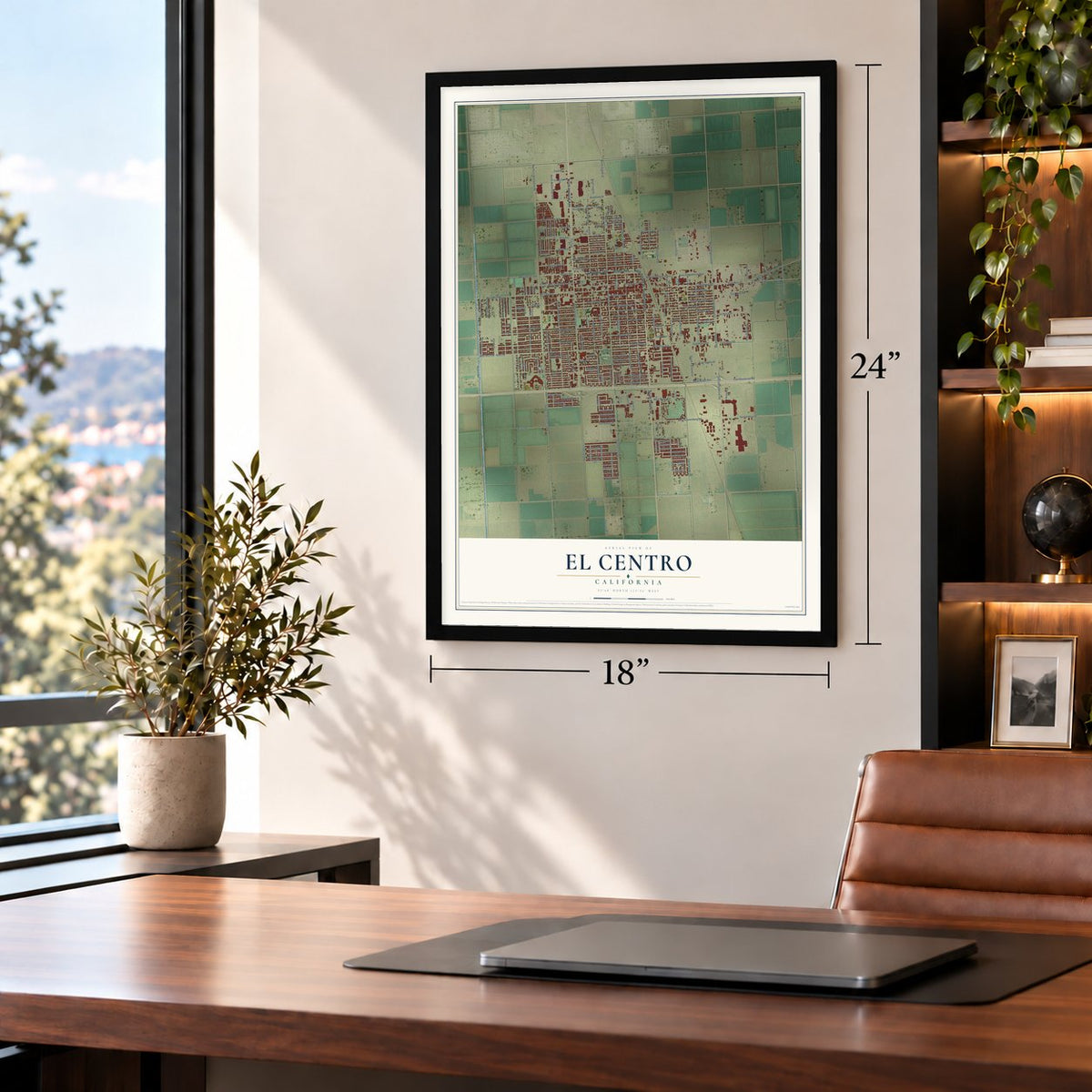 El Centro, California map, 18 x 24 inch print in a black frame in a home office
