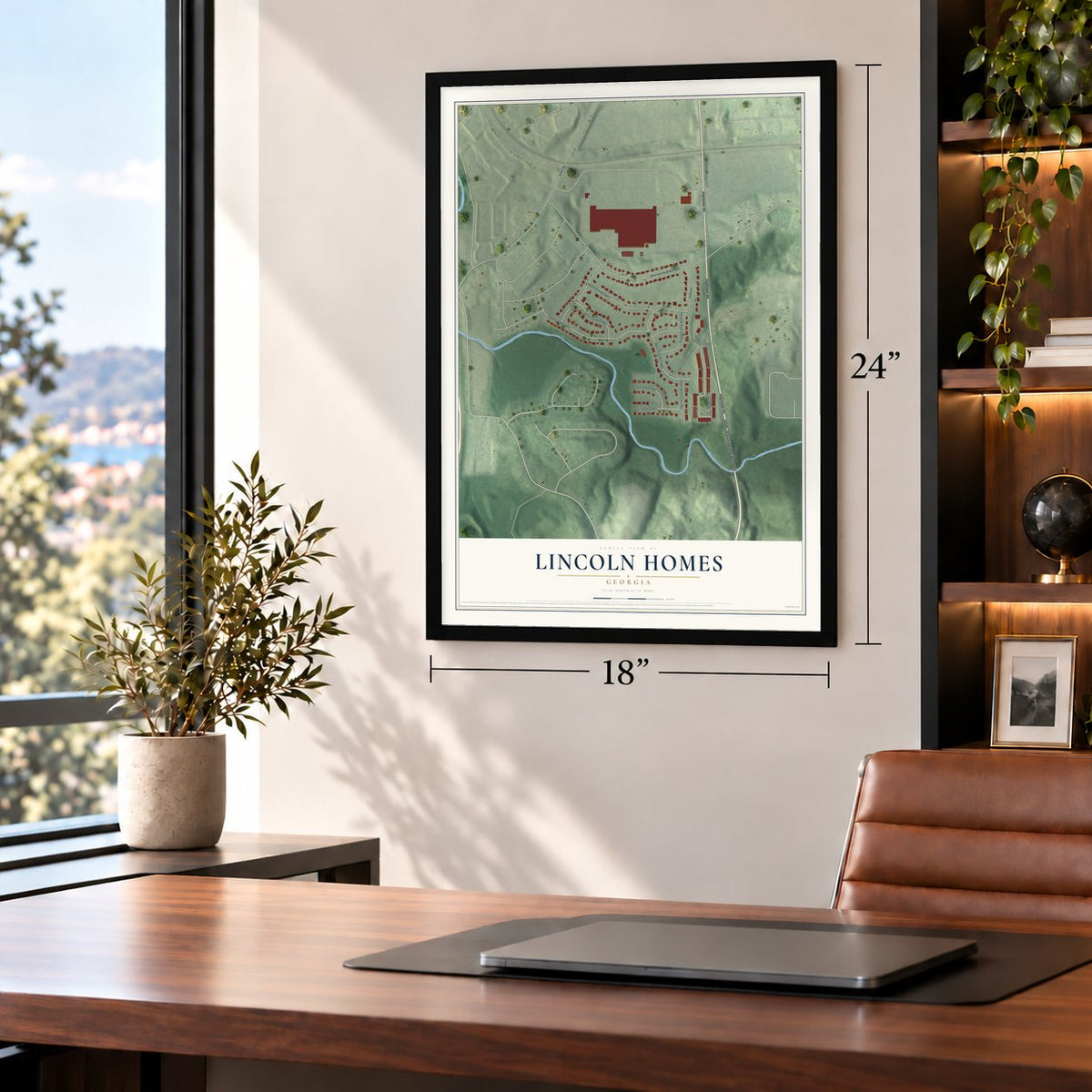 Lincoln Homes, Georgia map, 18 x 24 inch print in a black frame in a home office