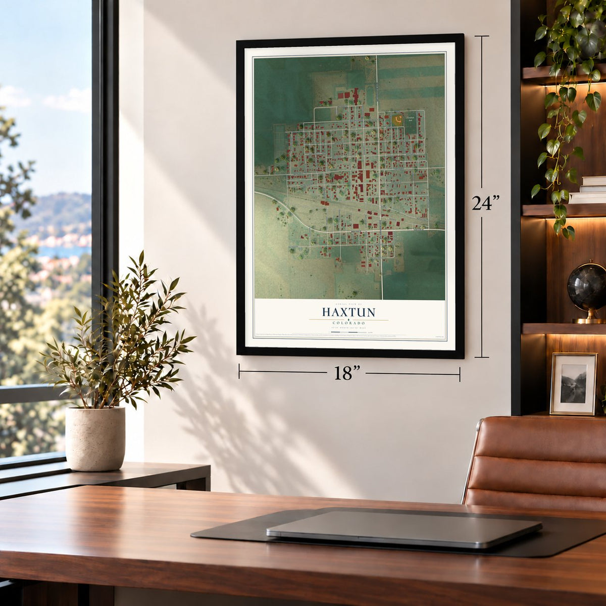 Haxtun, Colorado map, 18 x 24 inch print in a black frame in a home office