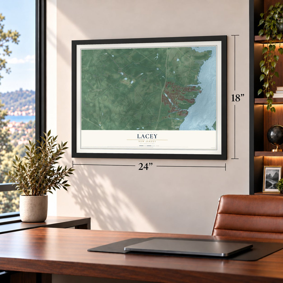 Lacey, New Jersey map, 18 x 24 inch print in a black frame in a home office