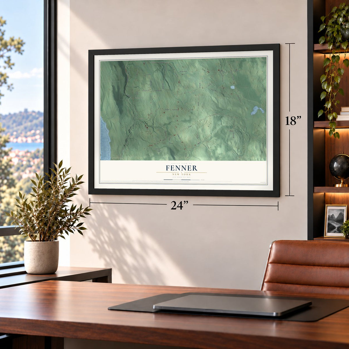 Fenner, New York map, 18 x 24 inch print in a black frame in a home office