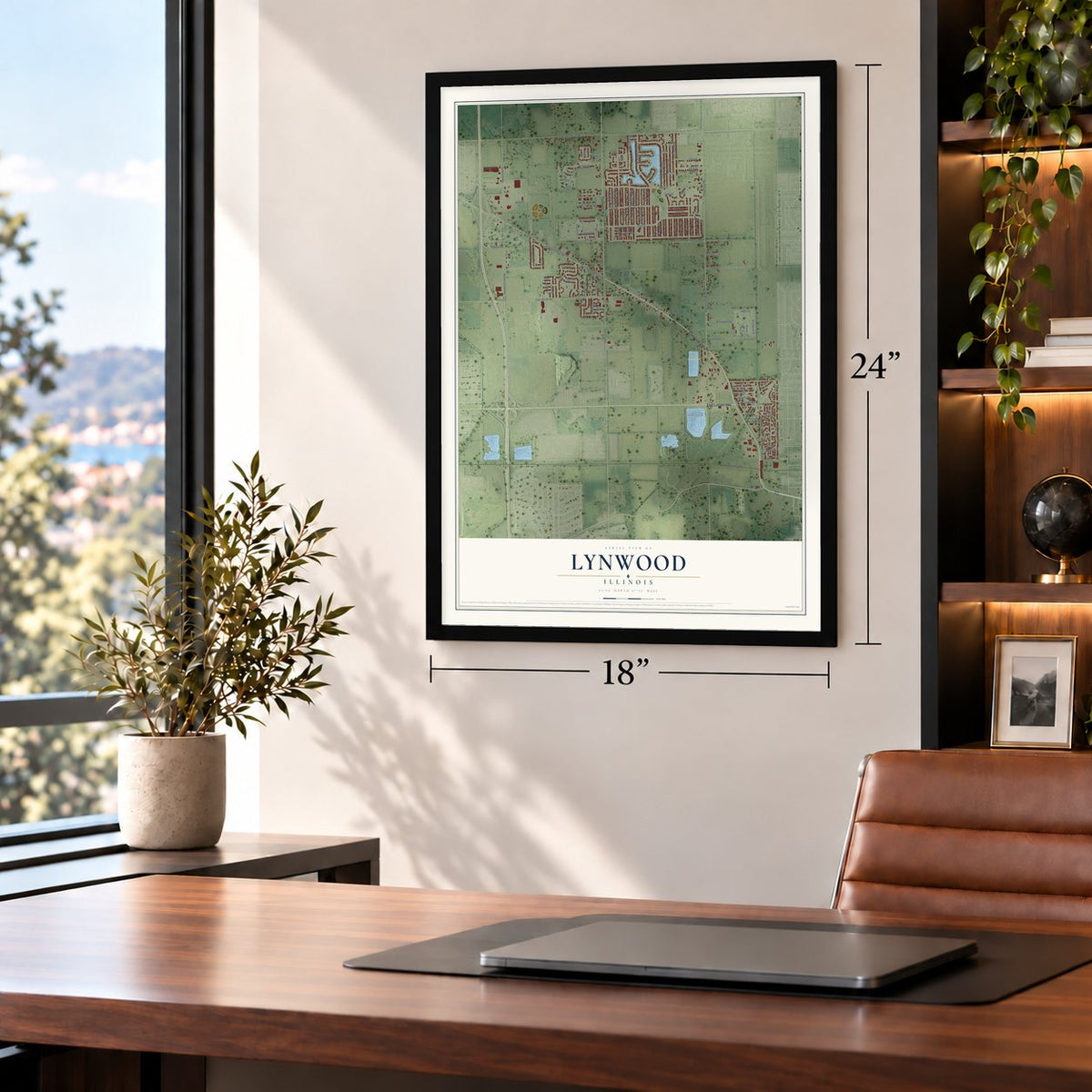 Lynwood, Illinois map, 18 x 24 inch print in a black frame in a home office