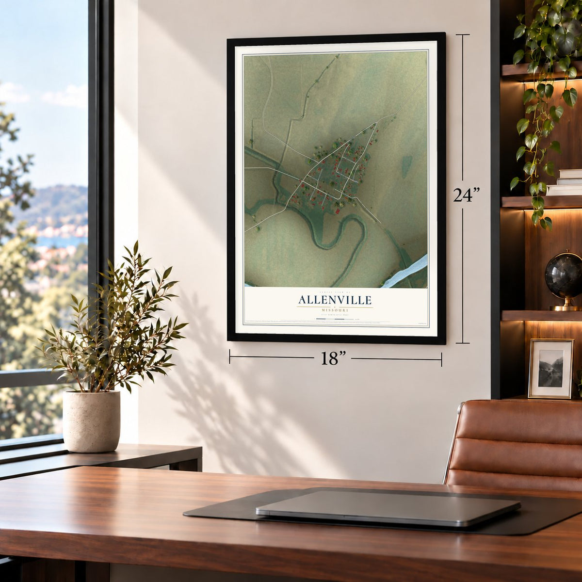 Allenville, Missouri map, 18 x 24 inch print in a black frame in a home office