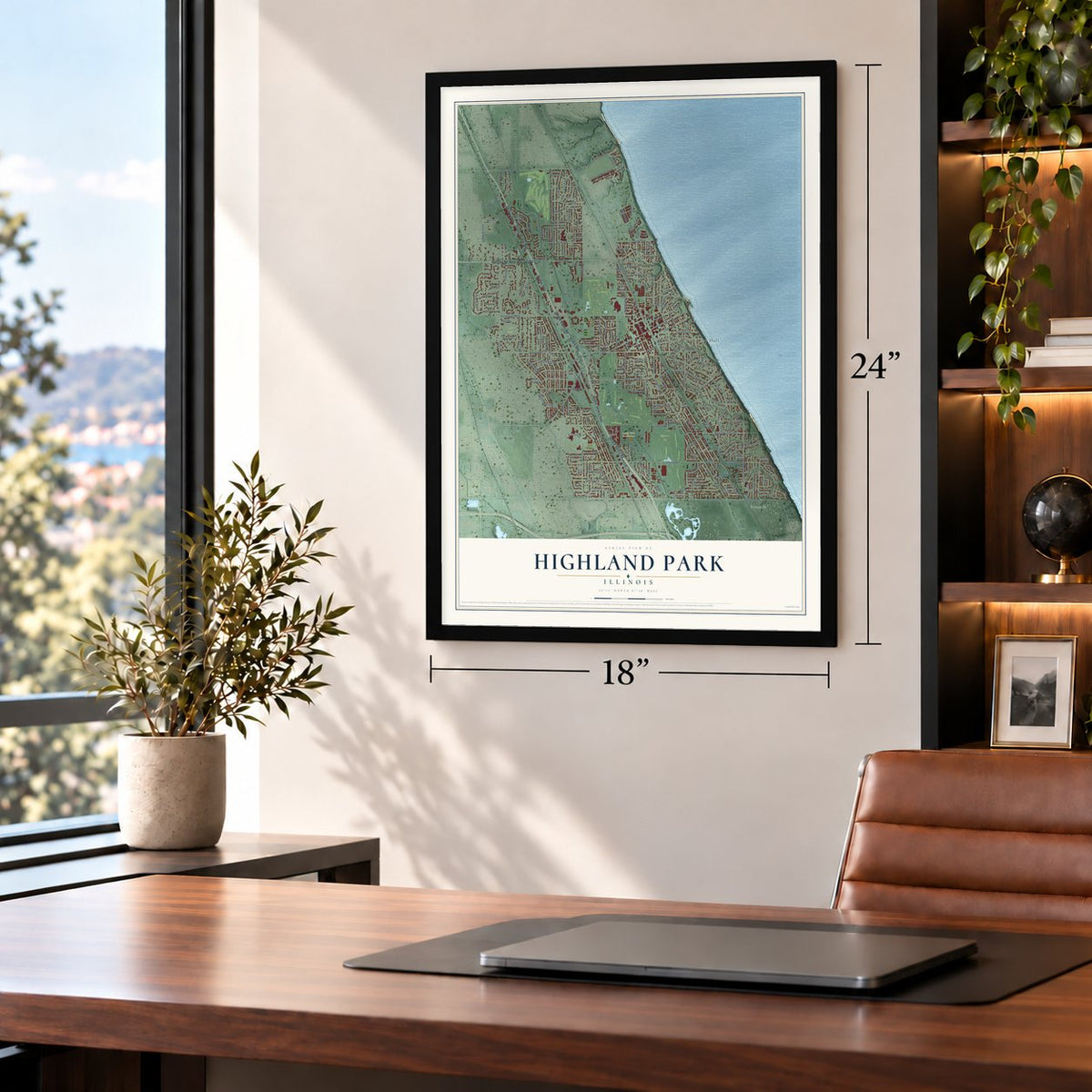 Highland Park, Illinois map, 18 x 24 inch print in a black frame in a home office