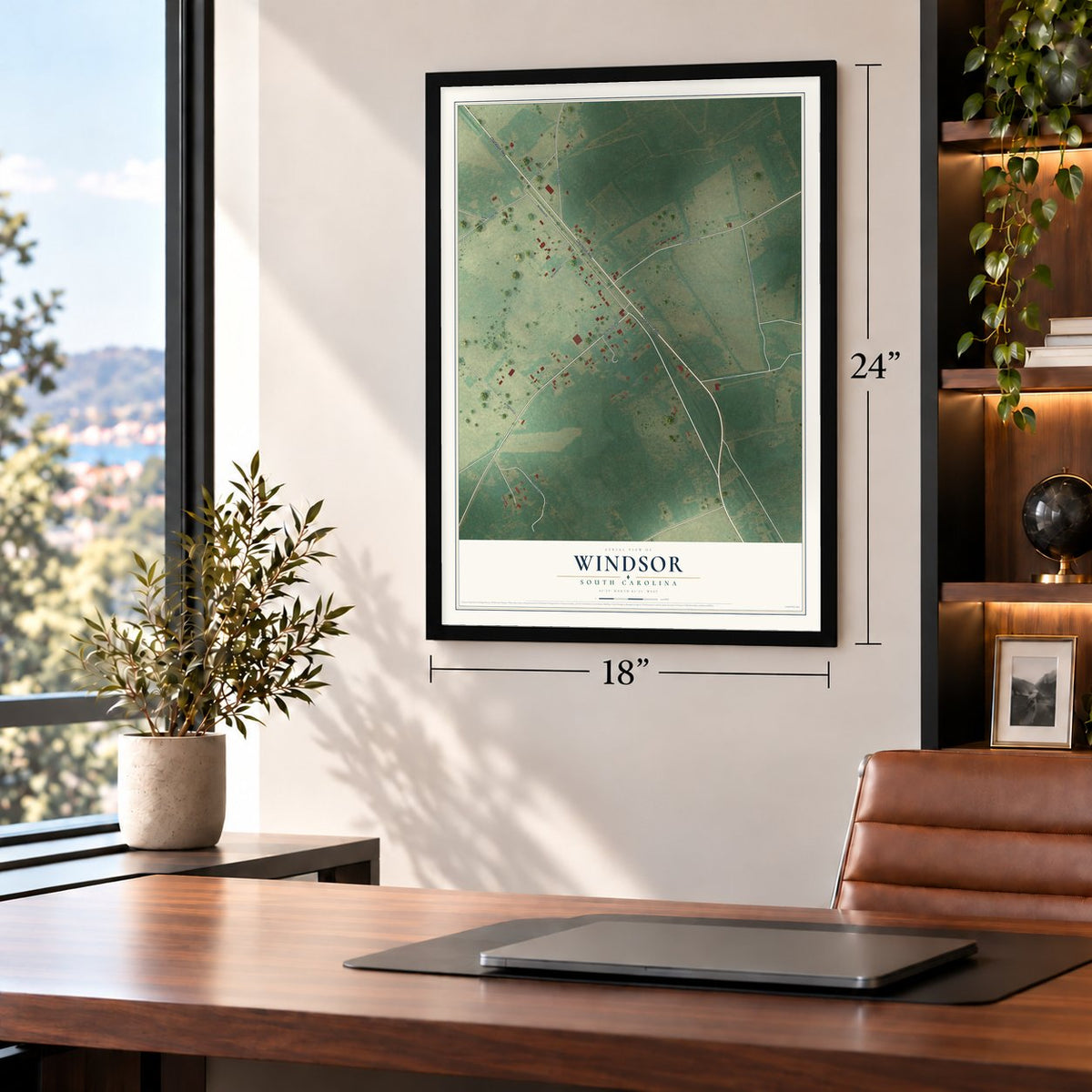 Windsor, South Carolina map, 18 x 24 inch print in a black frame in a home office