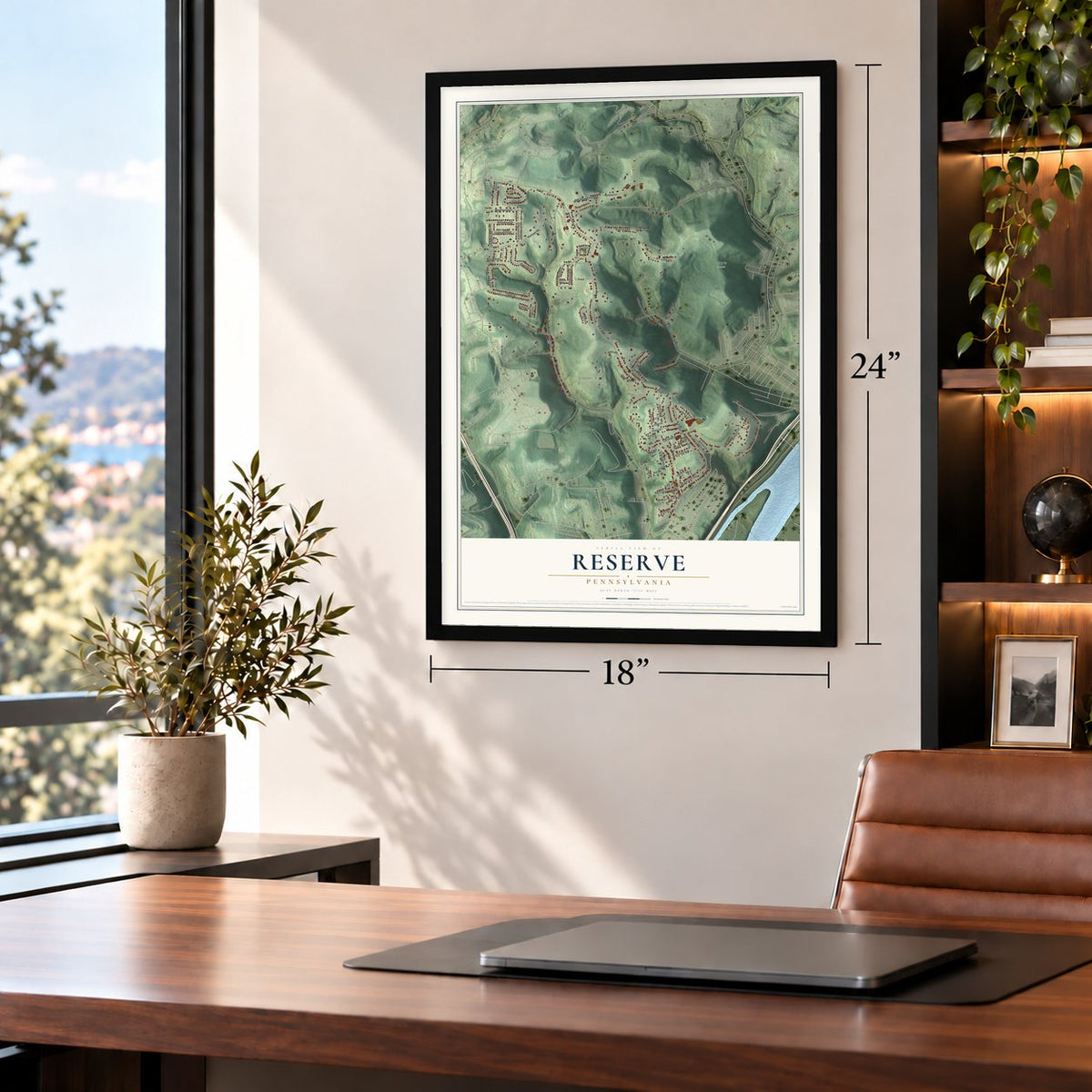 Reserve, Pennsylvania map, 18 x 24 inch print in a black frame in a home office