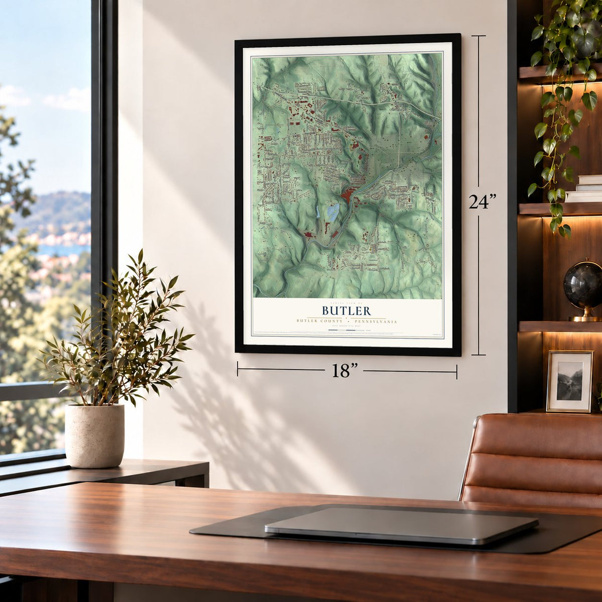 Butler, Butler County, Pennsylvania map, 18 x 24 inch print in a black frame in a home office