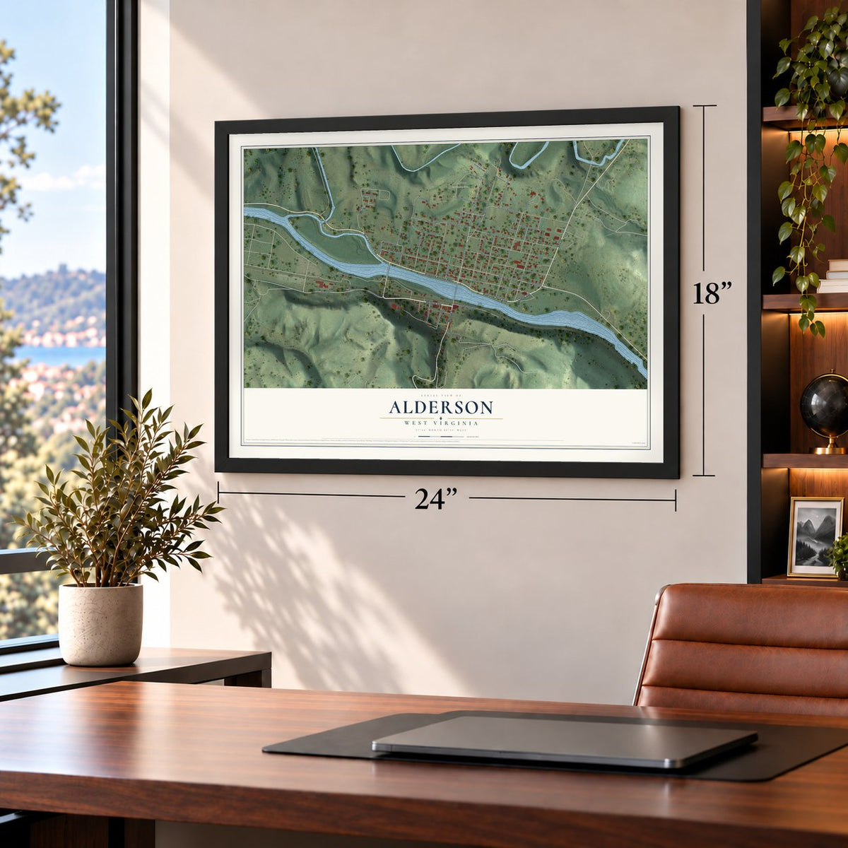 Alderson, West Virginia map, 18 x 24 inch print in a black frame in a home office