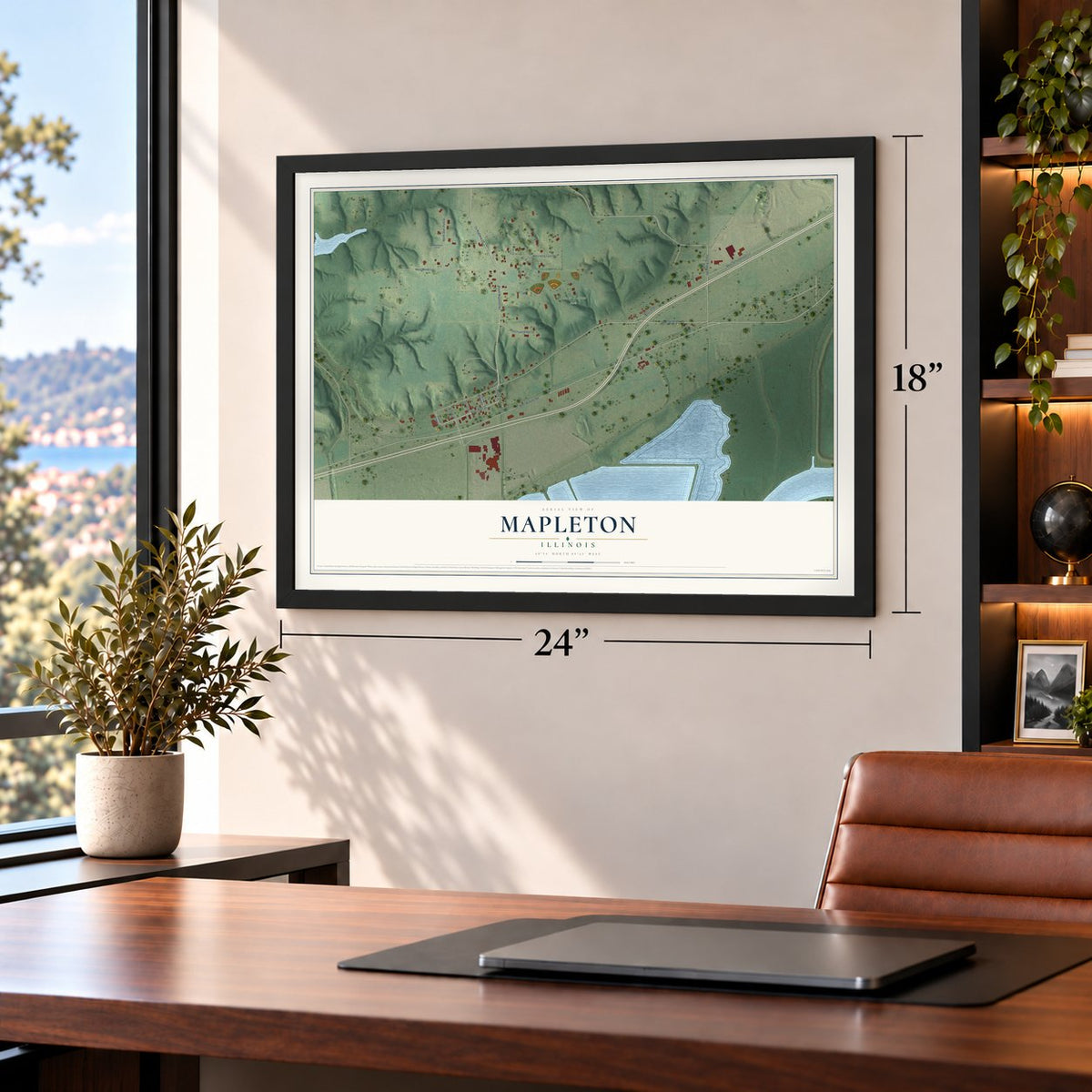 Mapleton, Illinois map, 18 x 24 inch print in a black frame in a home office