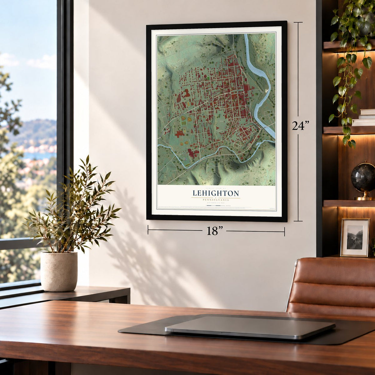 Lehighton, Pennsylvania map, 18 x 24 inch print in a black frame in a home office