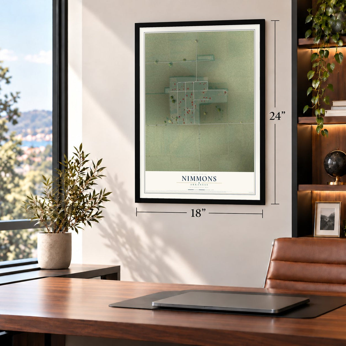 Nimmons, Arkansas map, 18 x 24 inch print in a black frame in a home office