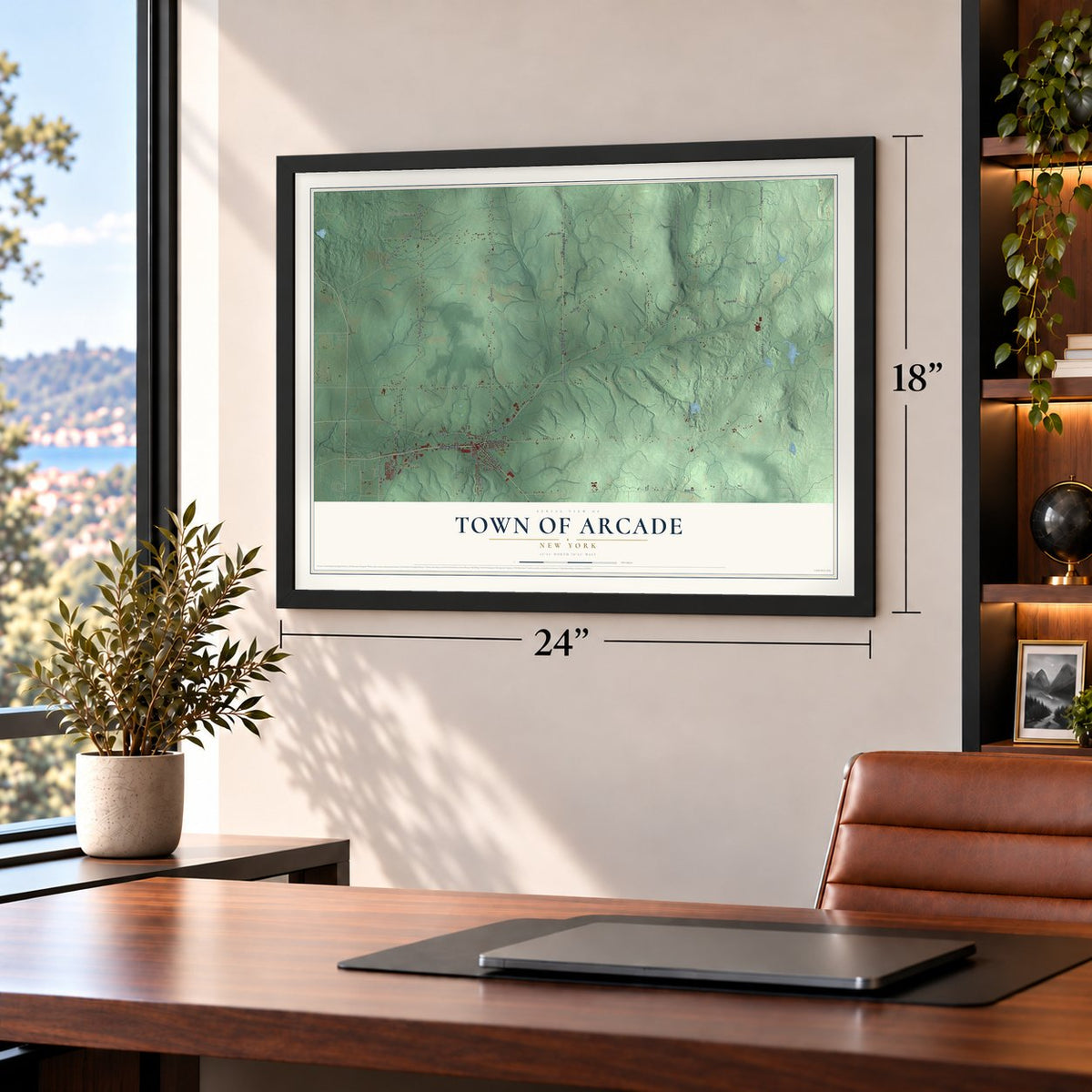 Town of Arcade, New York map, 18 x 24 inch print in a black frame in a home office