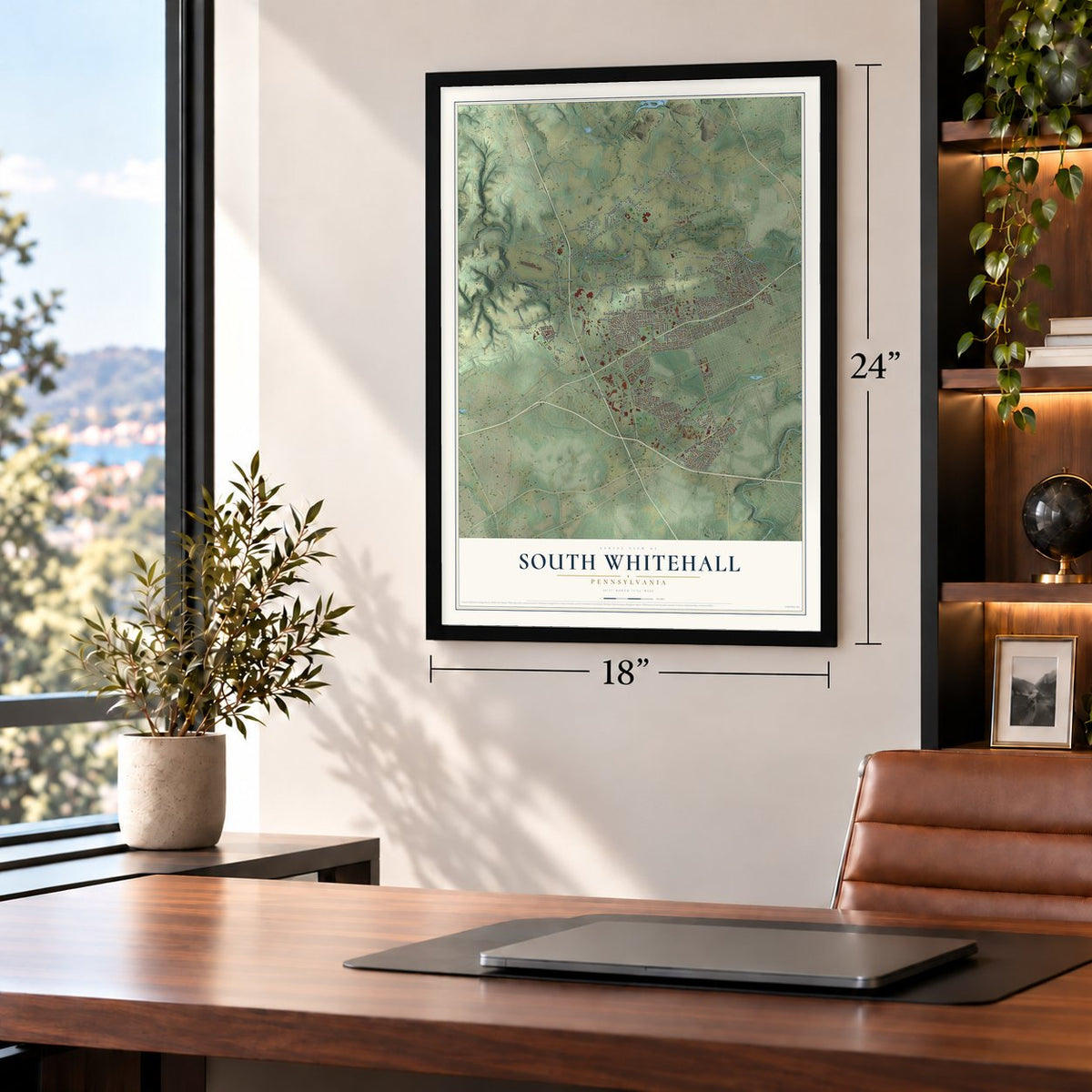 South Whitehall, Pennsylvania map, 18 x 24 inch print in a black frame in a home office