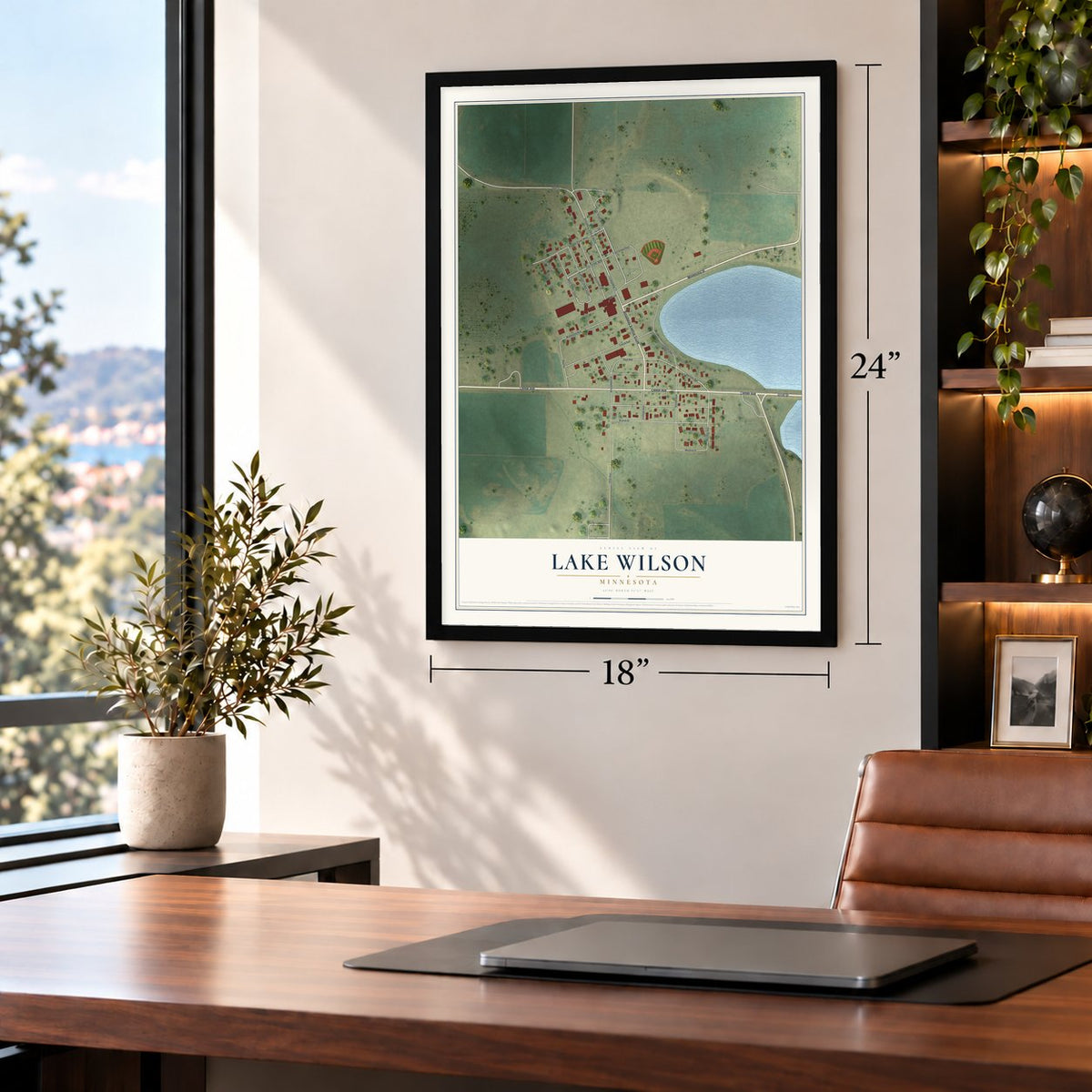 Lake Wilson, Minnesota map, 18 x 24 inch print in a black frame in a home office