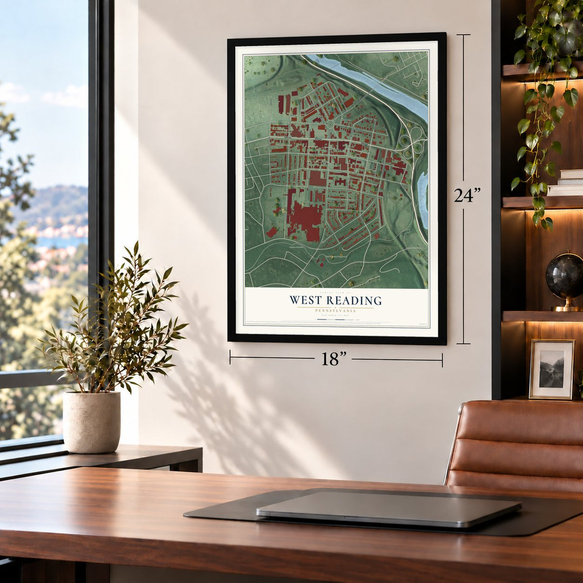 West Reading, Pennsylvania map, 18 x 24 inch print in a black frame in a home office