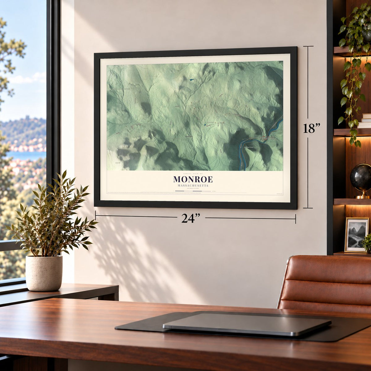 Monroe, Massachusetts map, 18 x 24 inch print in a black frame in a home office
