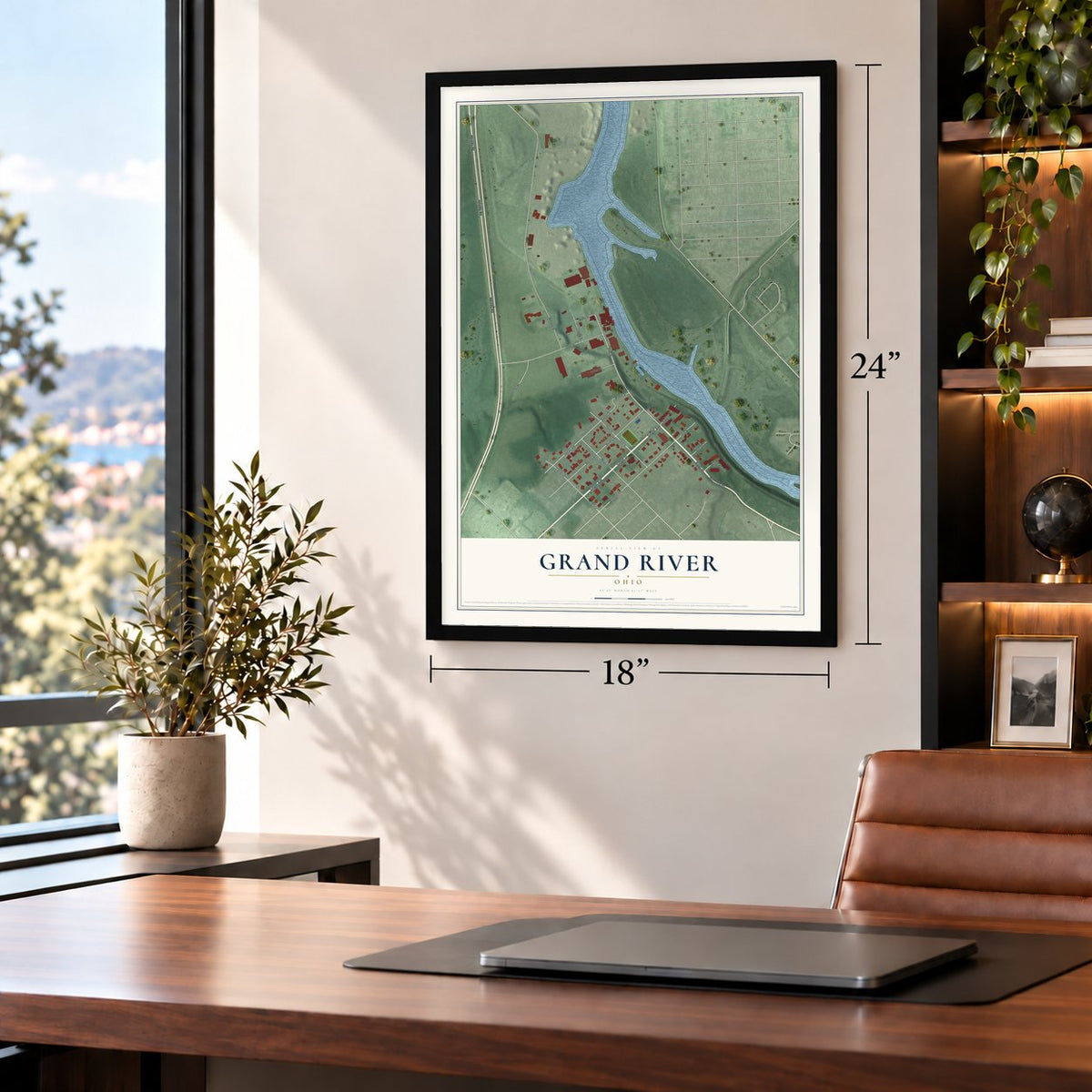Grand River, Ohio map, 18 x 24 inch print in a black frame in a home office