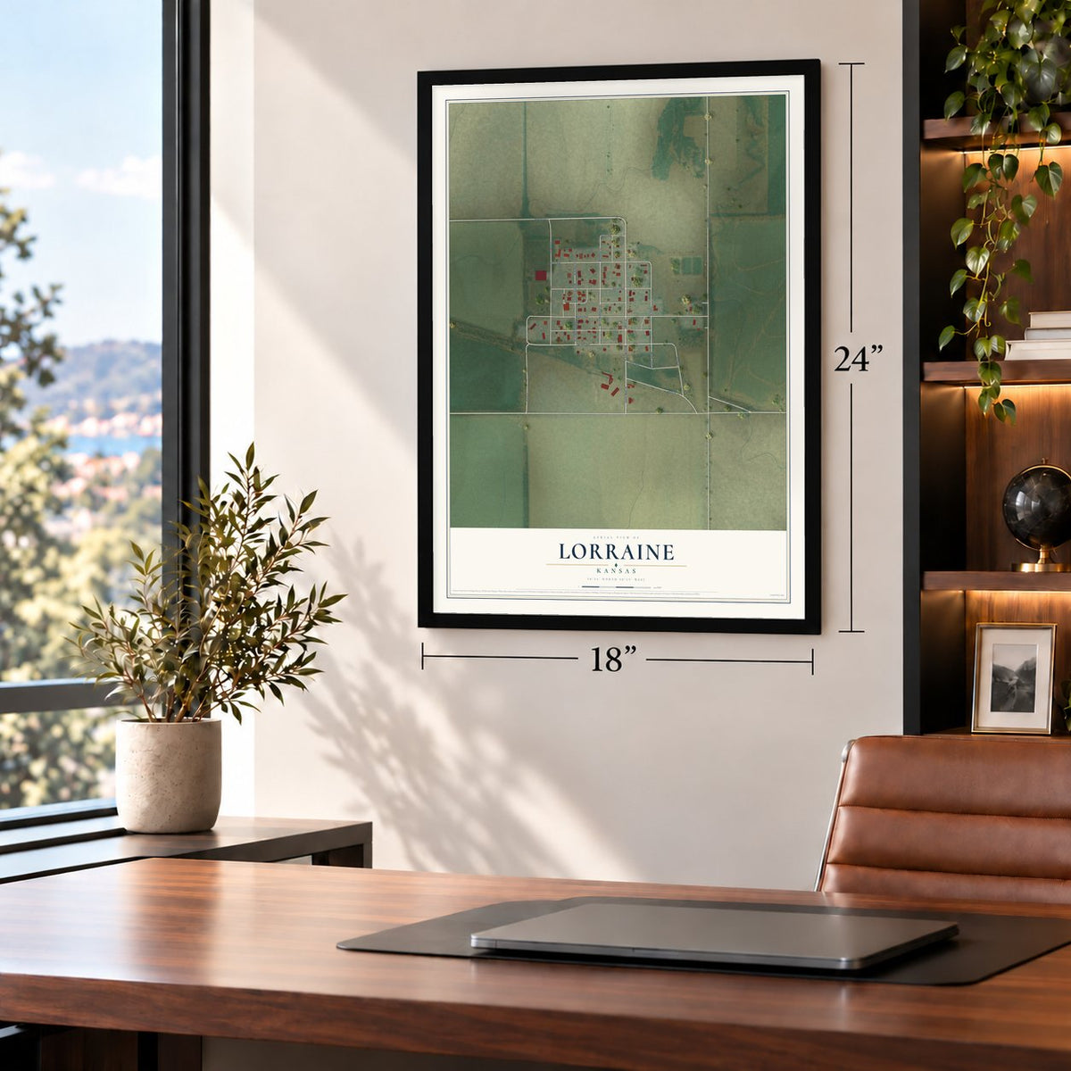 Lorraine, Kansas map, 18 x 24 inch print in a black frame in a home office