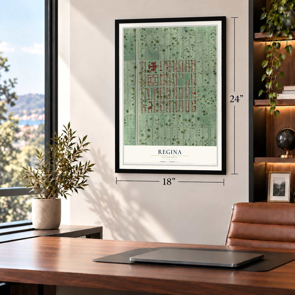 Regina, Minnesota map, 18 x 24 inch print in a black frame in a home office