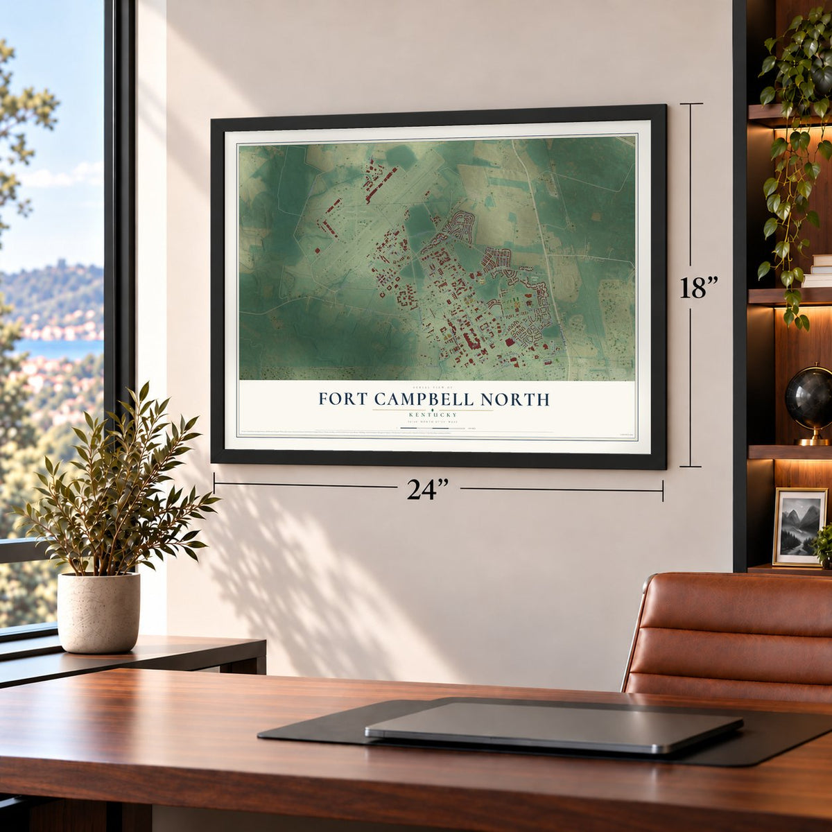 Fort Campbell North, Kentucky map, 18 x 24 inch print in a black frame in a home office