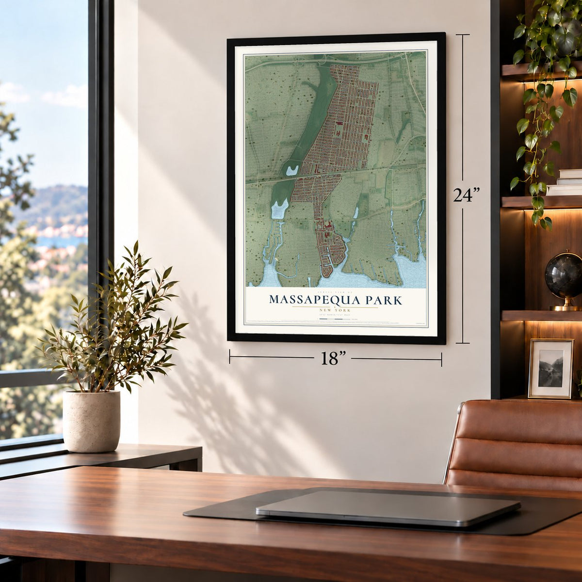 Massapequa Park, New York map, 18 x 24 inch print in a black frame in a home office