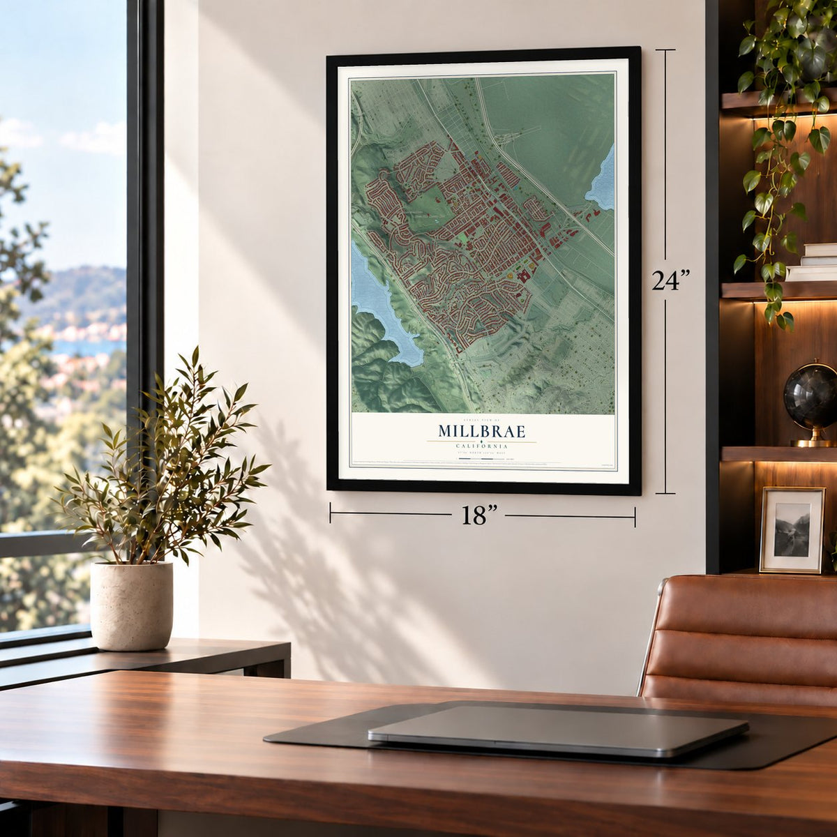 Millbrae, California map, 18 x 24 inch print in a black frame in a home office