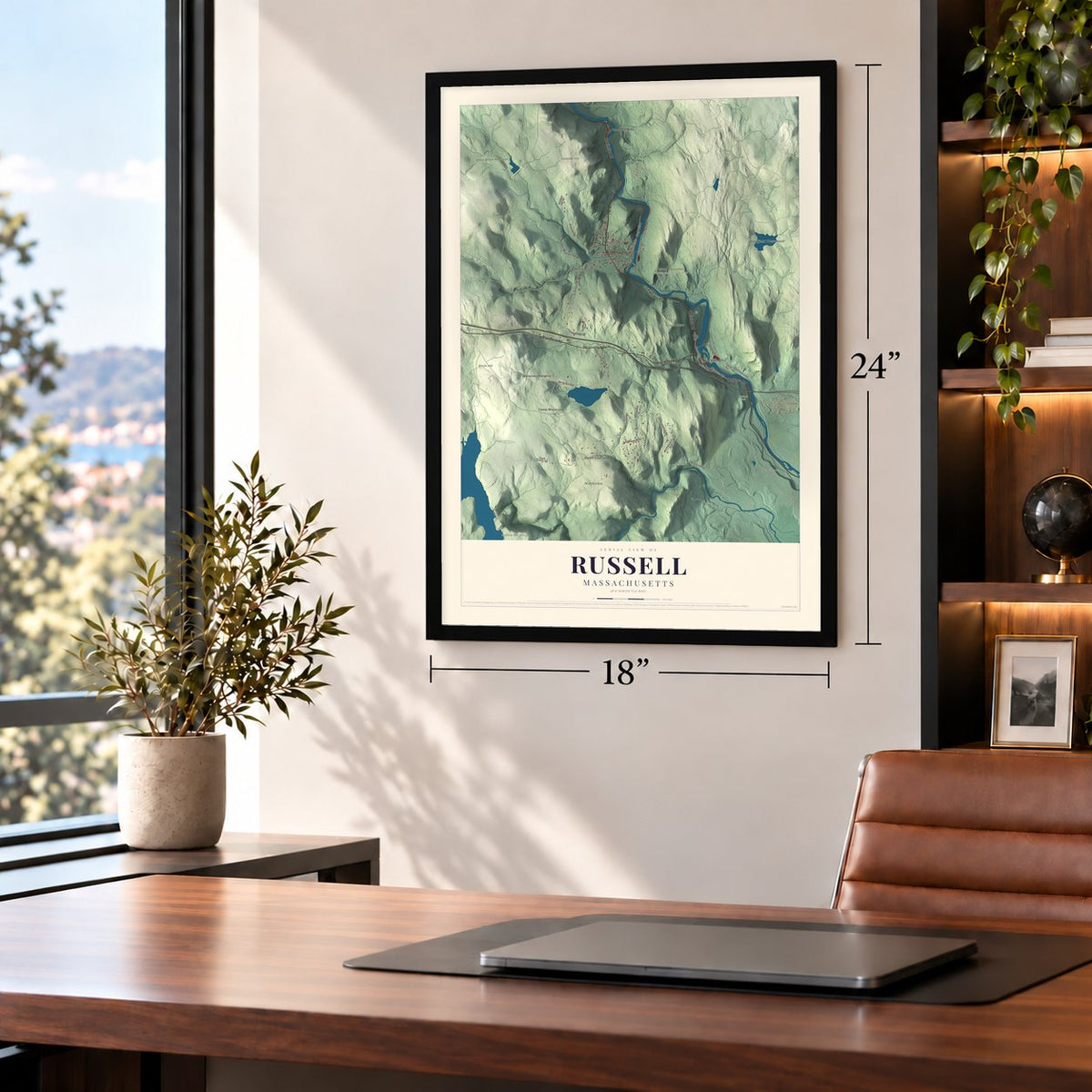 Russell, Massachusetts map, 18 x 24 inch print in a black frame in a home office