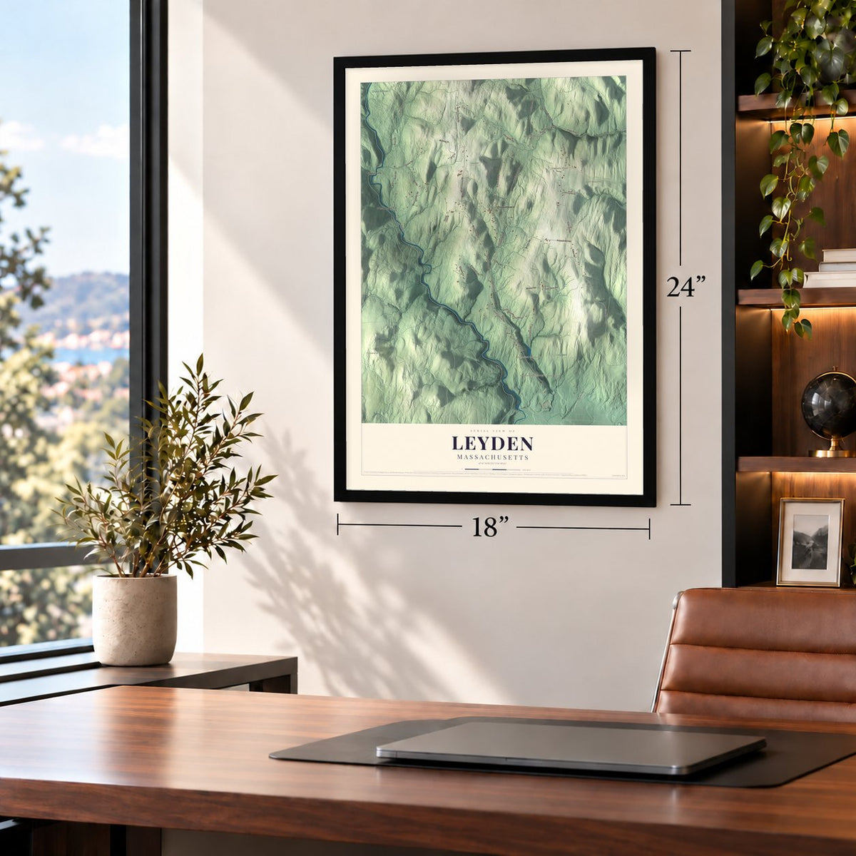 Leyden, Massachusetts map, 18 x 24 inch print in a black frame in a home office