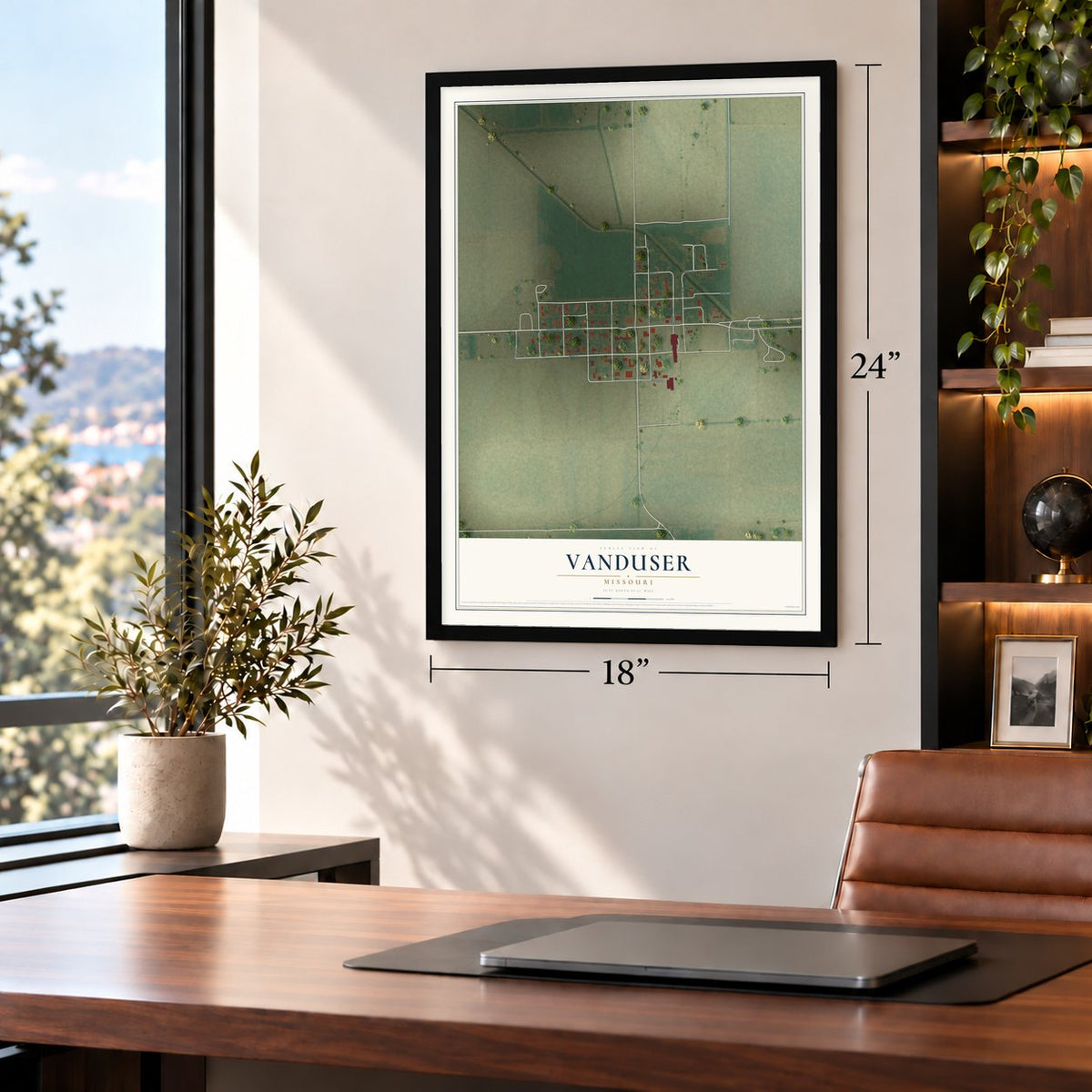 Vanduser, Missouri map, 18 x 24 inch print in a black frame in a home office