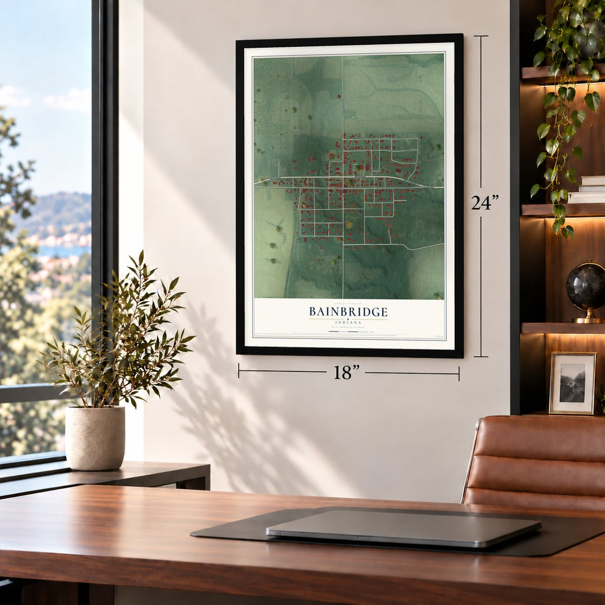 Bainbridge, Indiana map, 18 x 24 inch print in a black frame in a home office