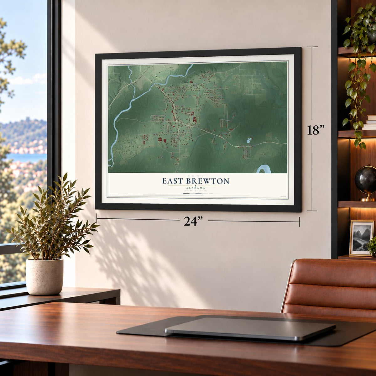 East Brewton, Alabama map, 18 x 24 inch print in a black frame in a home office