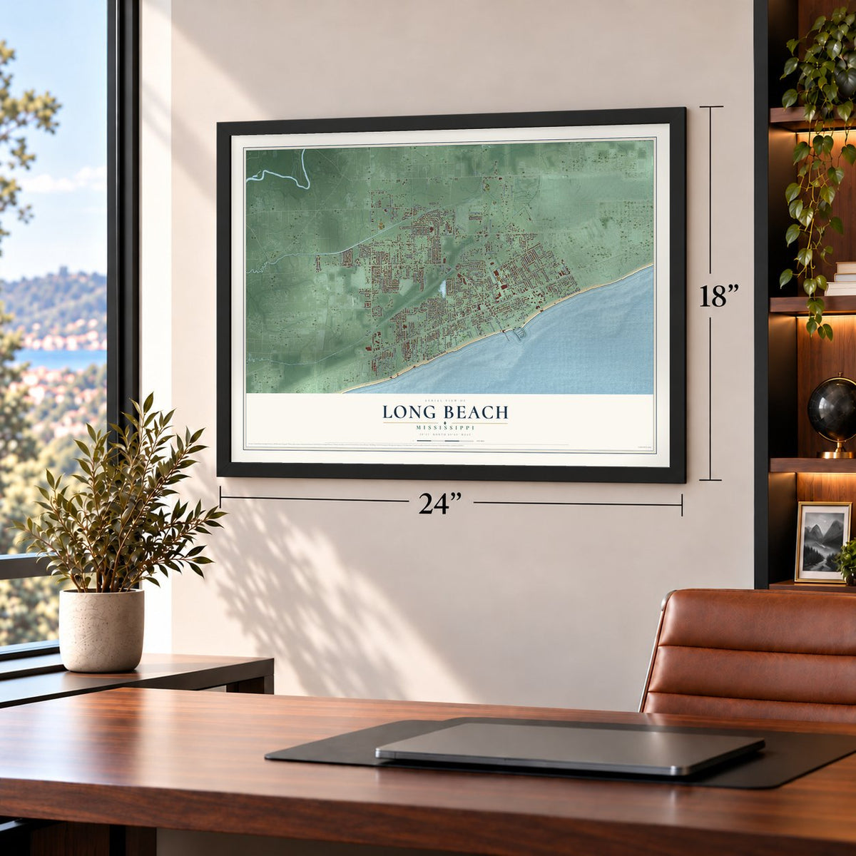 Long Beach, Mississippi map, 18 x 24 inch print in a black frame in a home office