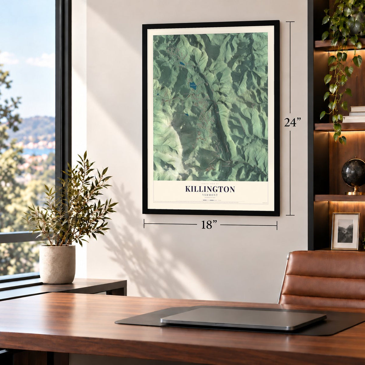 Killington, Vermont map, 18 x 24 inch print in a black frame in a home office