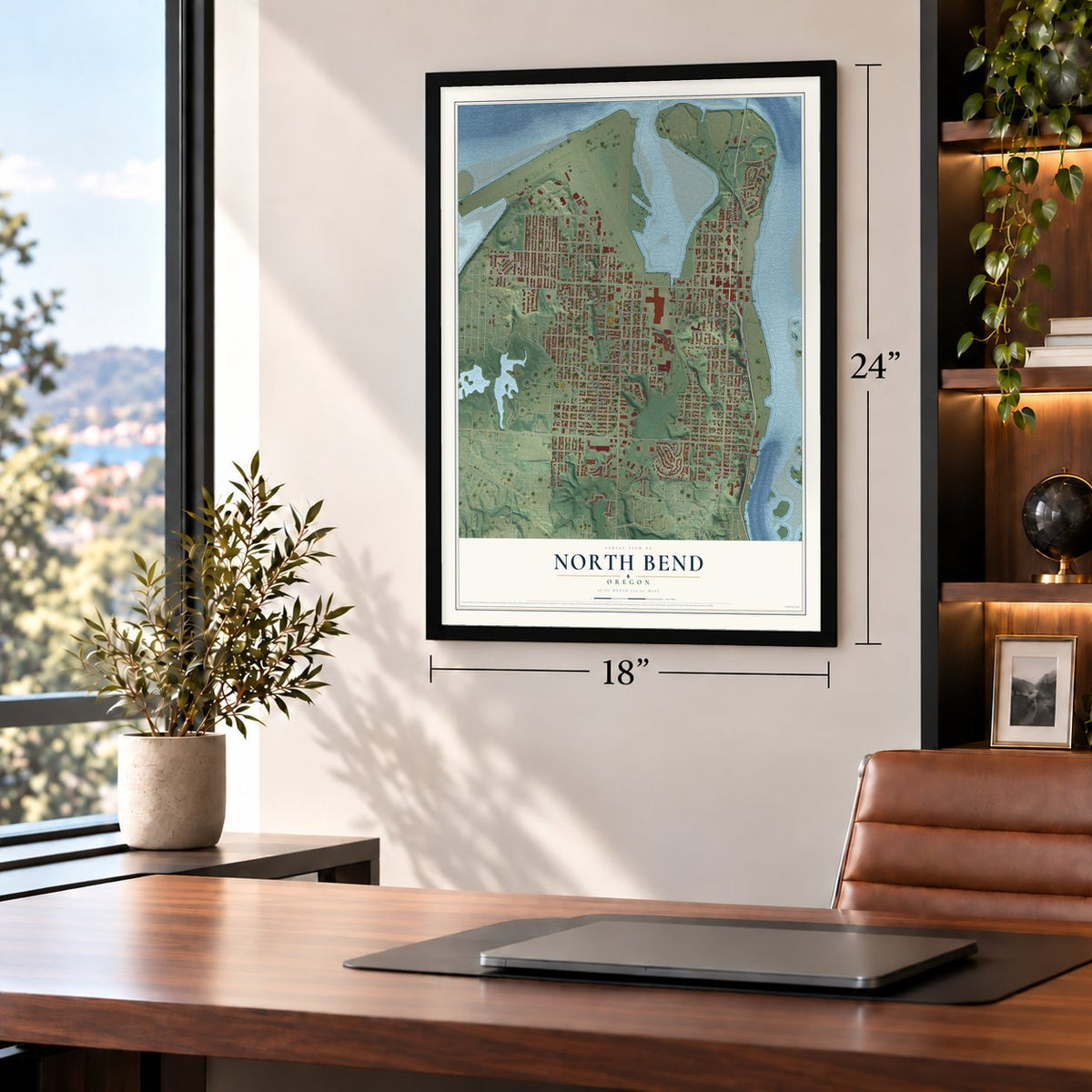 North Bend, Oregon map, 18 x 24 inch print in a black frame in a home office