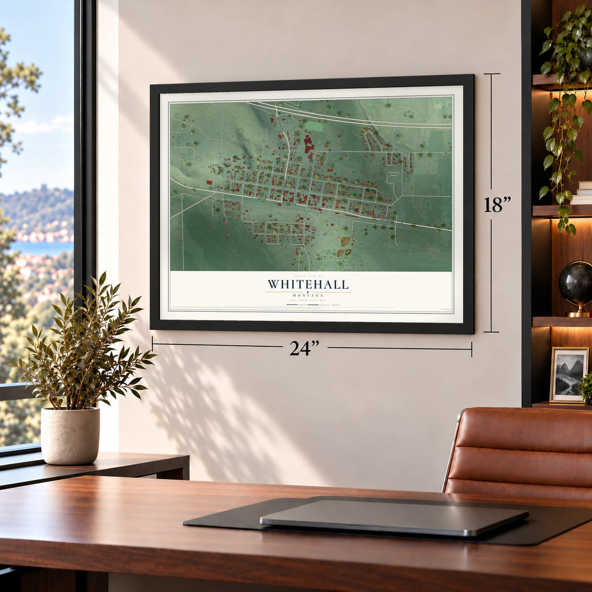 Whitehall, Montana map, 18 x 24 inch print in a black frame in a home office