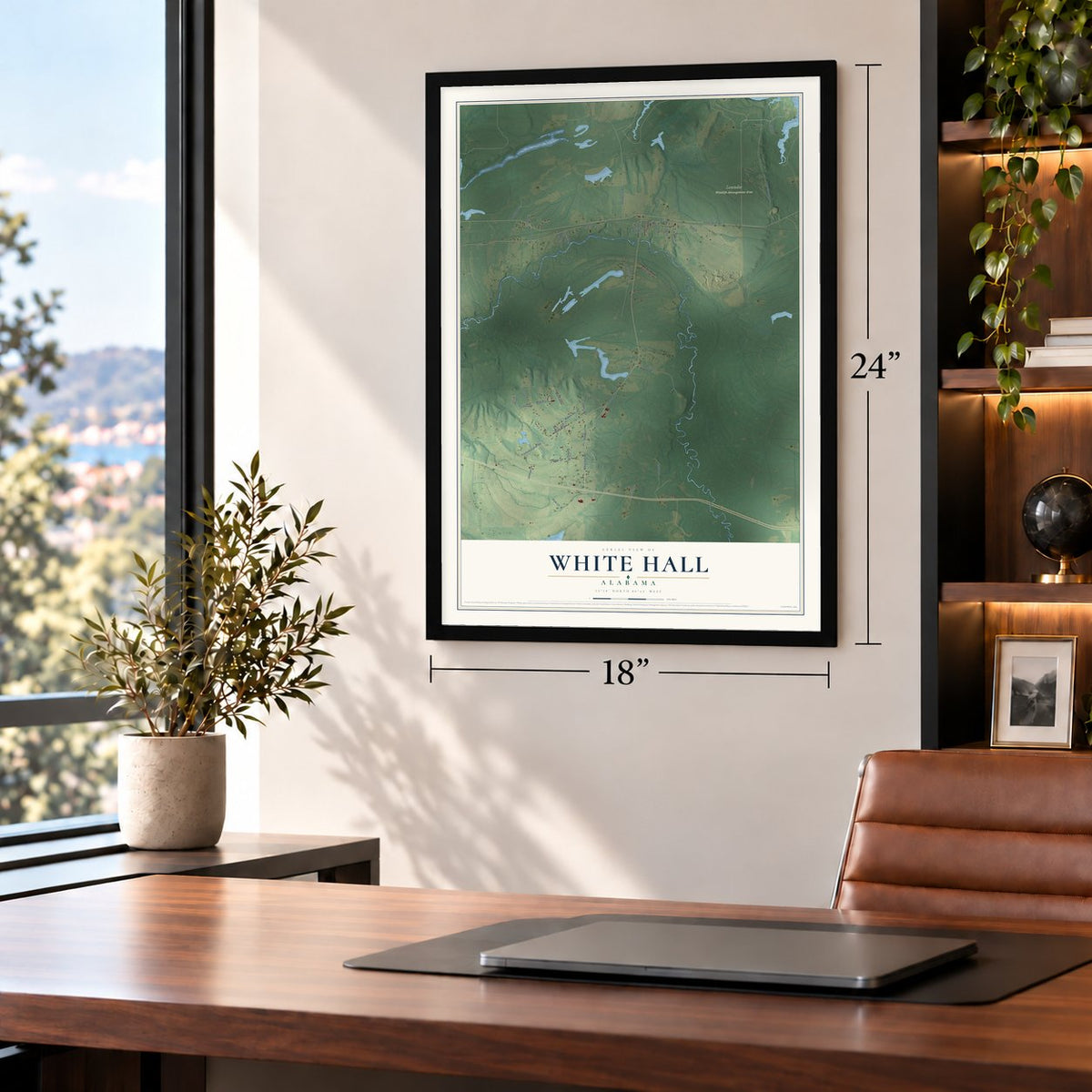 White Hall, Alabama map, 18 x 24 inch print in a black frame in a home office