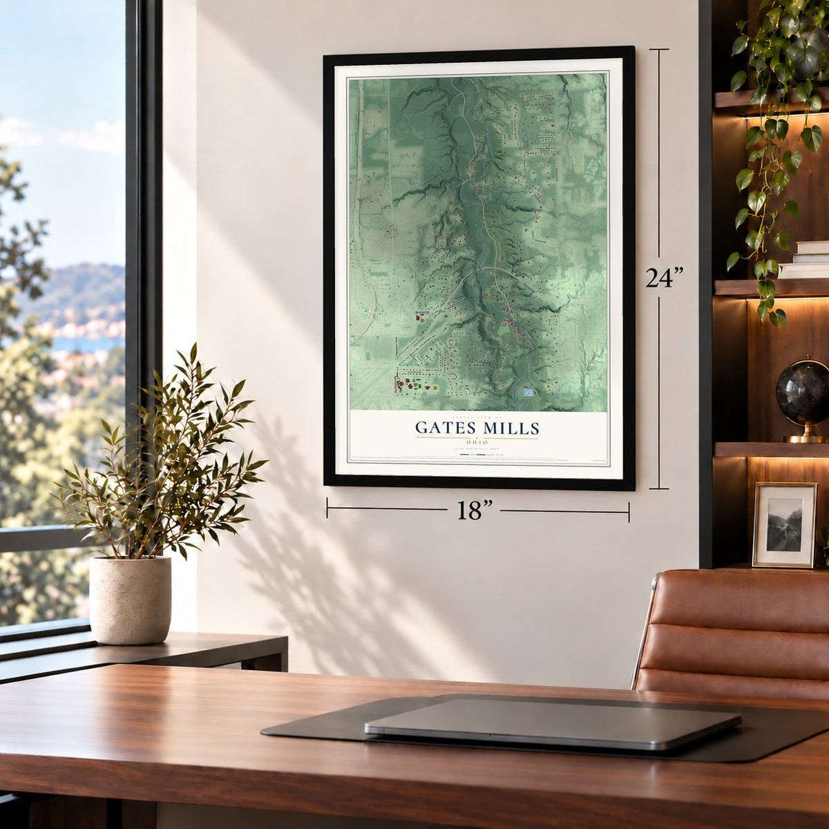 Gates Mills, Ohio map, 18 x 24 inch print in a black frame in a home office