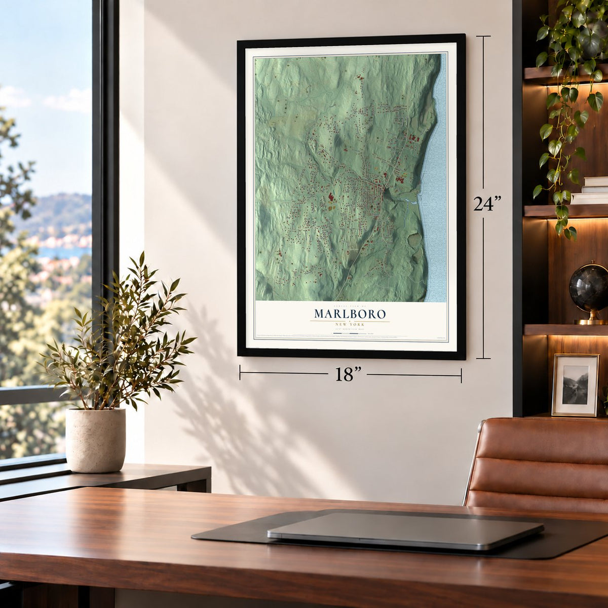 Marlboro, New York map, 18 x 24 inch print in a black frame in a home office