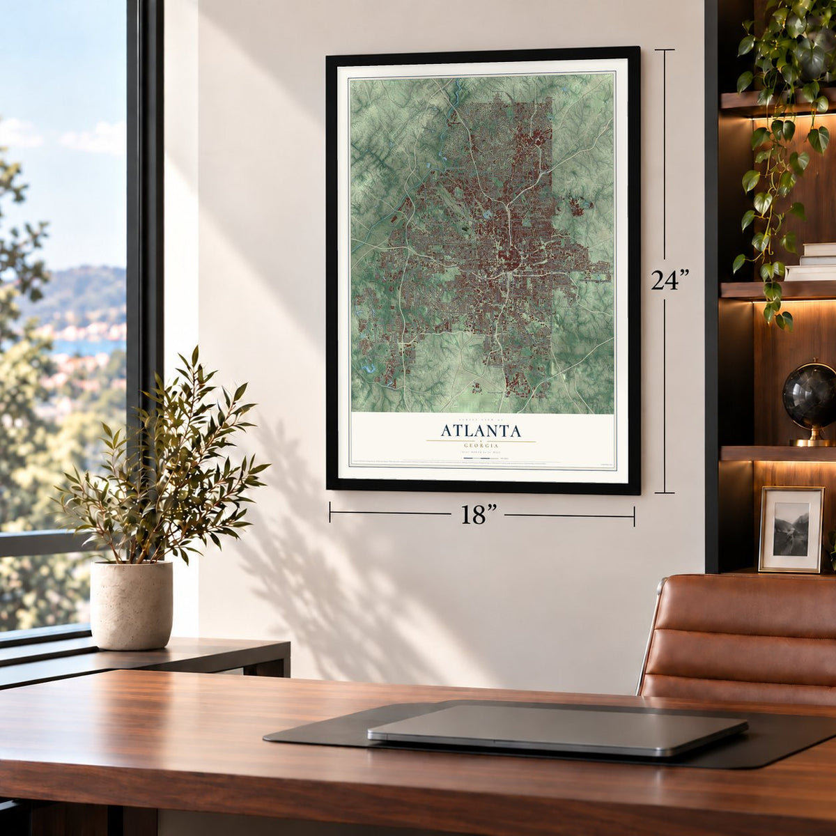 Atlanta, Georgia map, 18 x 24 inch print in a black frame in a home office