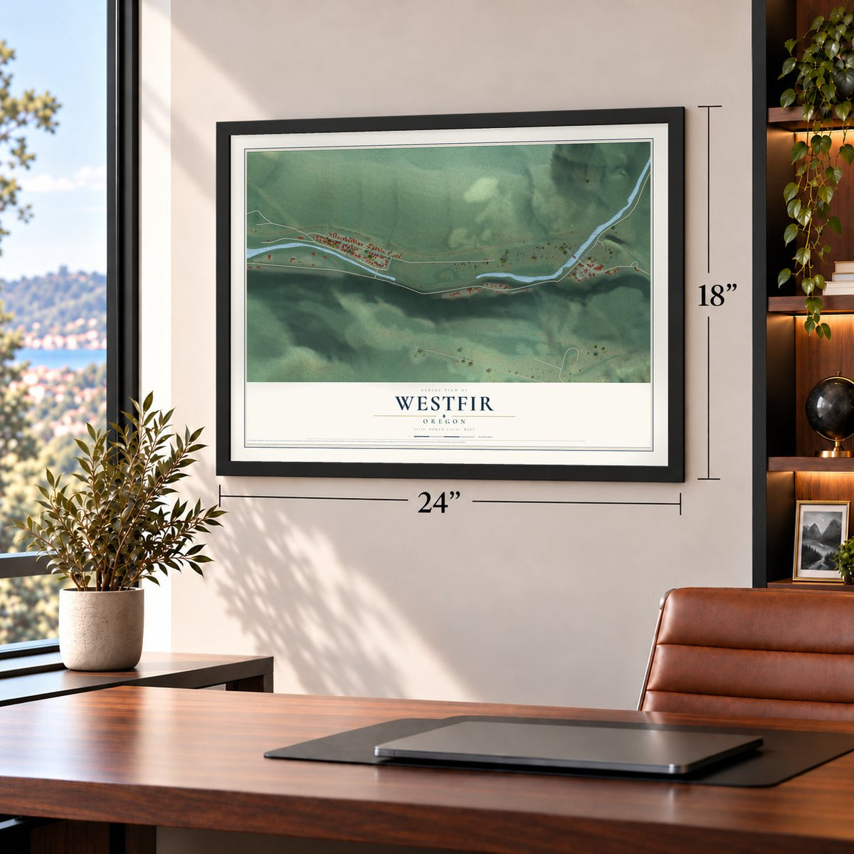 Westfir, Oregon map, 18 x 24 inch print in a black frame in a home office