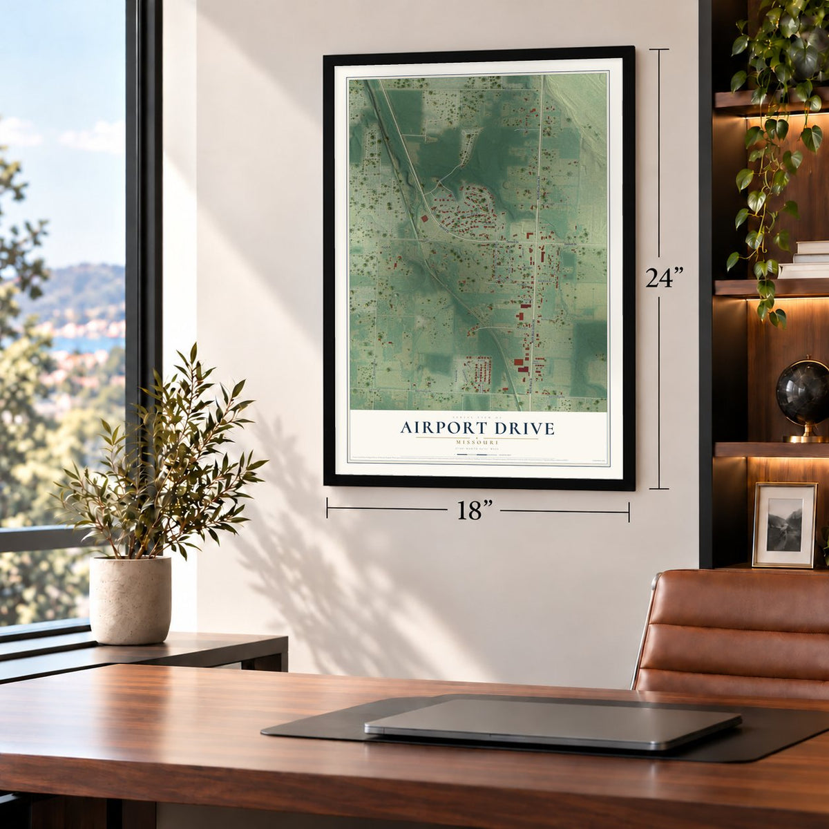 Airport Drive, Missouri map, 18 x 24 inch print in a black frame in a home office